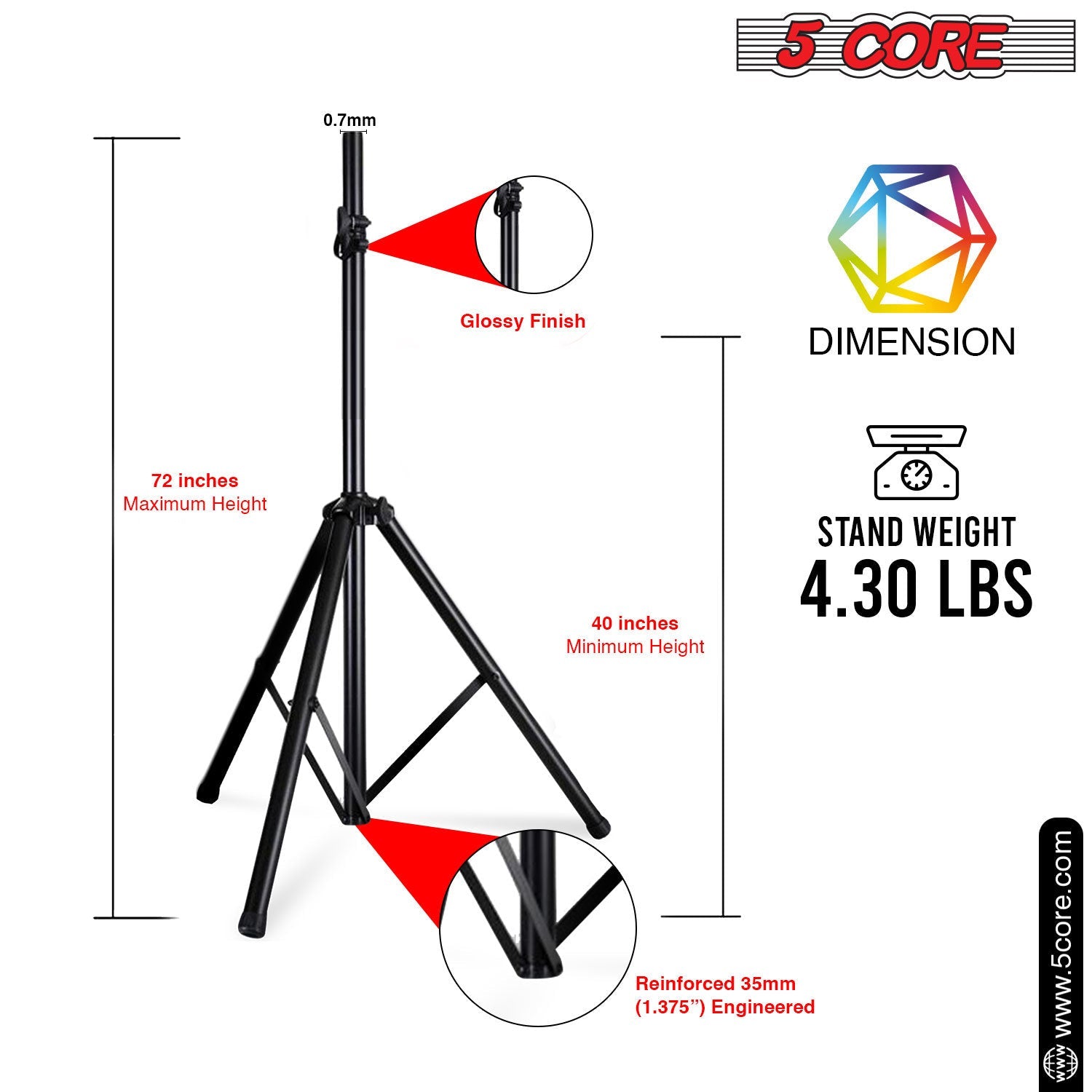 5 Core Speaker Stand Tripod Floor Tall Adjustable Up to 72 Inch DJ Studio Monitor Stands Pole Mount - SS ECO 1PK WOB