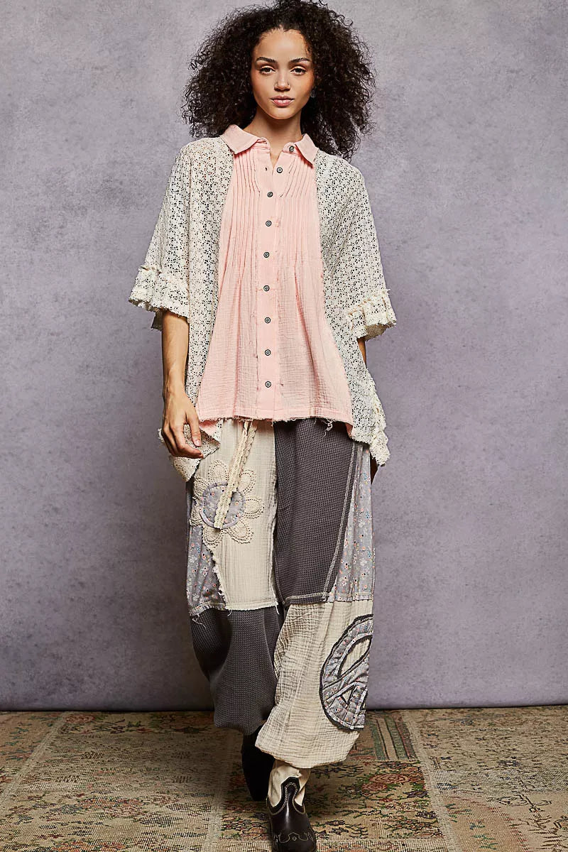 POL Button Down Front Pleated Shirt with Crochet Patch