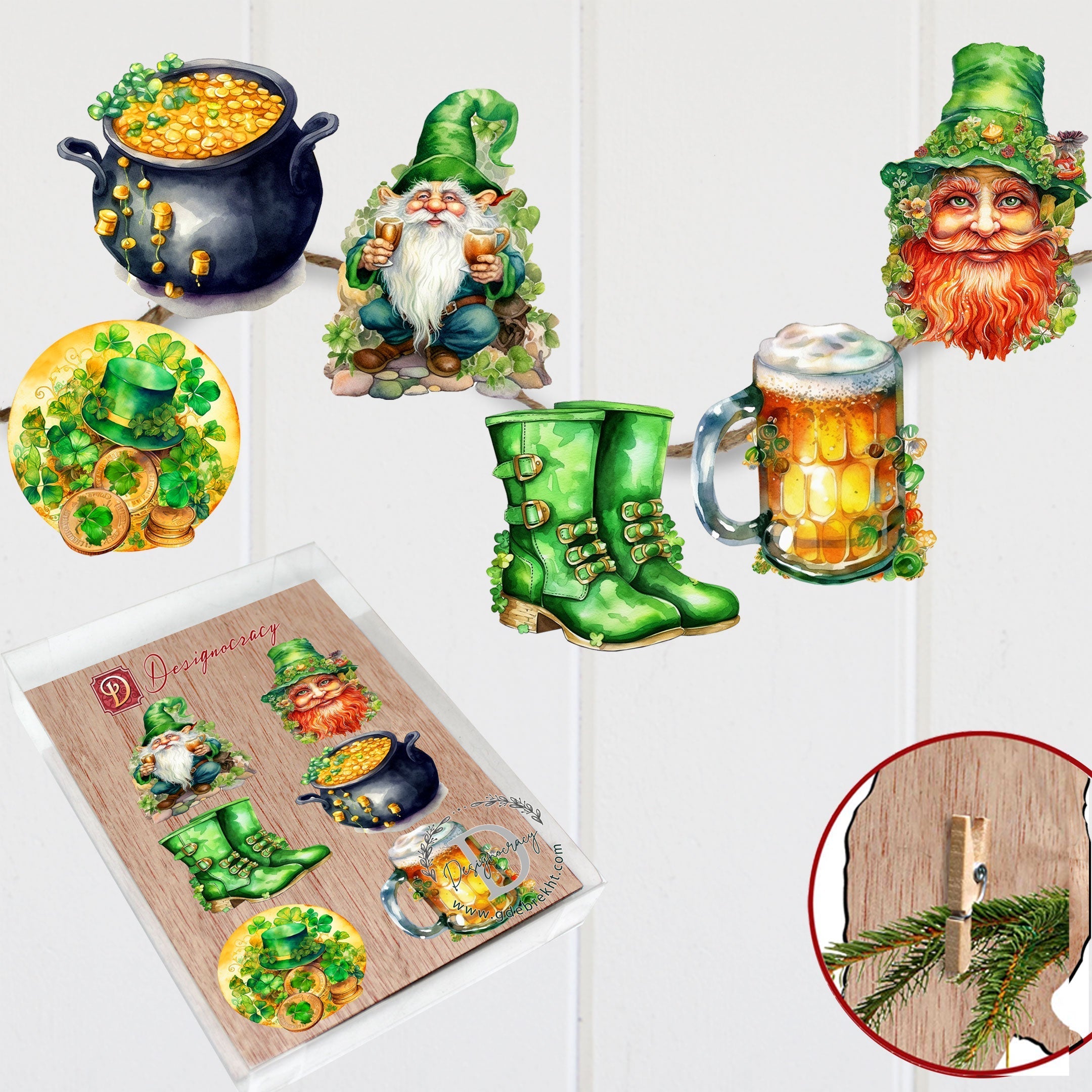 St. Patrick Day Decorative Wooden Clip-on Ornaments Set of 6 by G. Debrekht - St. Patrick Day Decor - 8090058C-S6