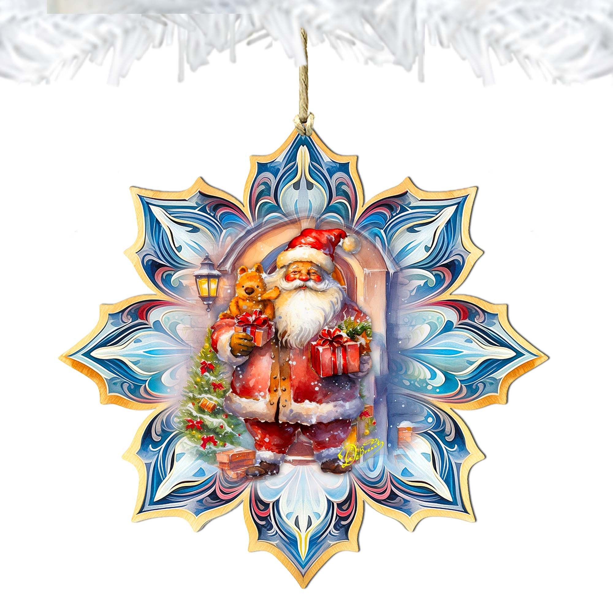 Santa with Gifts Snowflake Wooden Ornaments by G. Debrekht - Christmas Santa Snowman Decor - 8688421