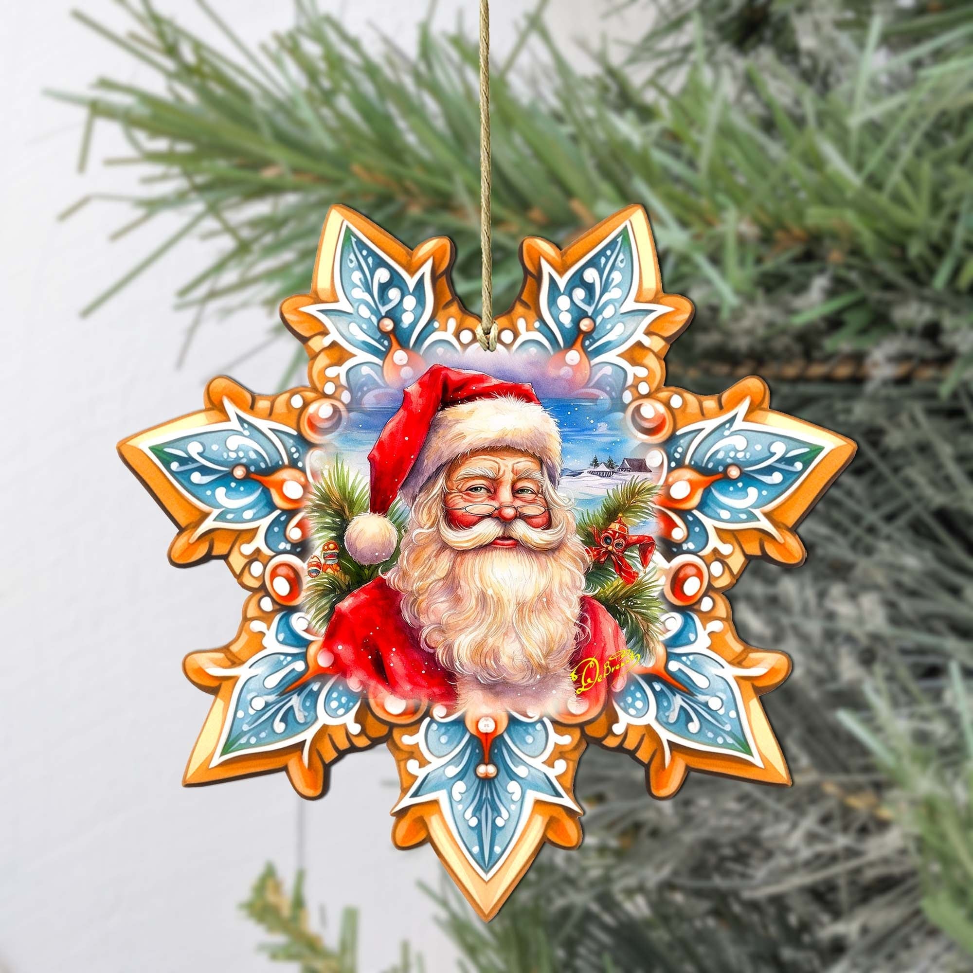 Santa Snowflake Wooden Ornaments by G. Debrekht - Christmas Santa Snowman Decor - 8688422