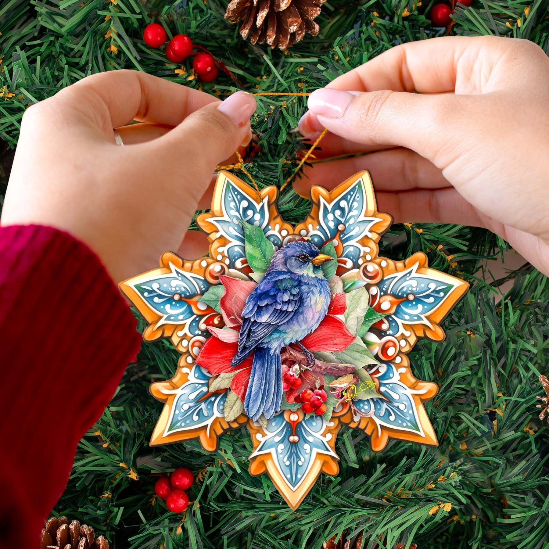 Blue Bird Snowflake Wooden Ornaments by G. Debrekht - Nature Wildlife Decor - 8688410