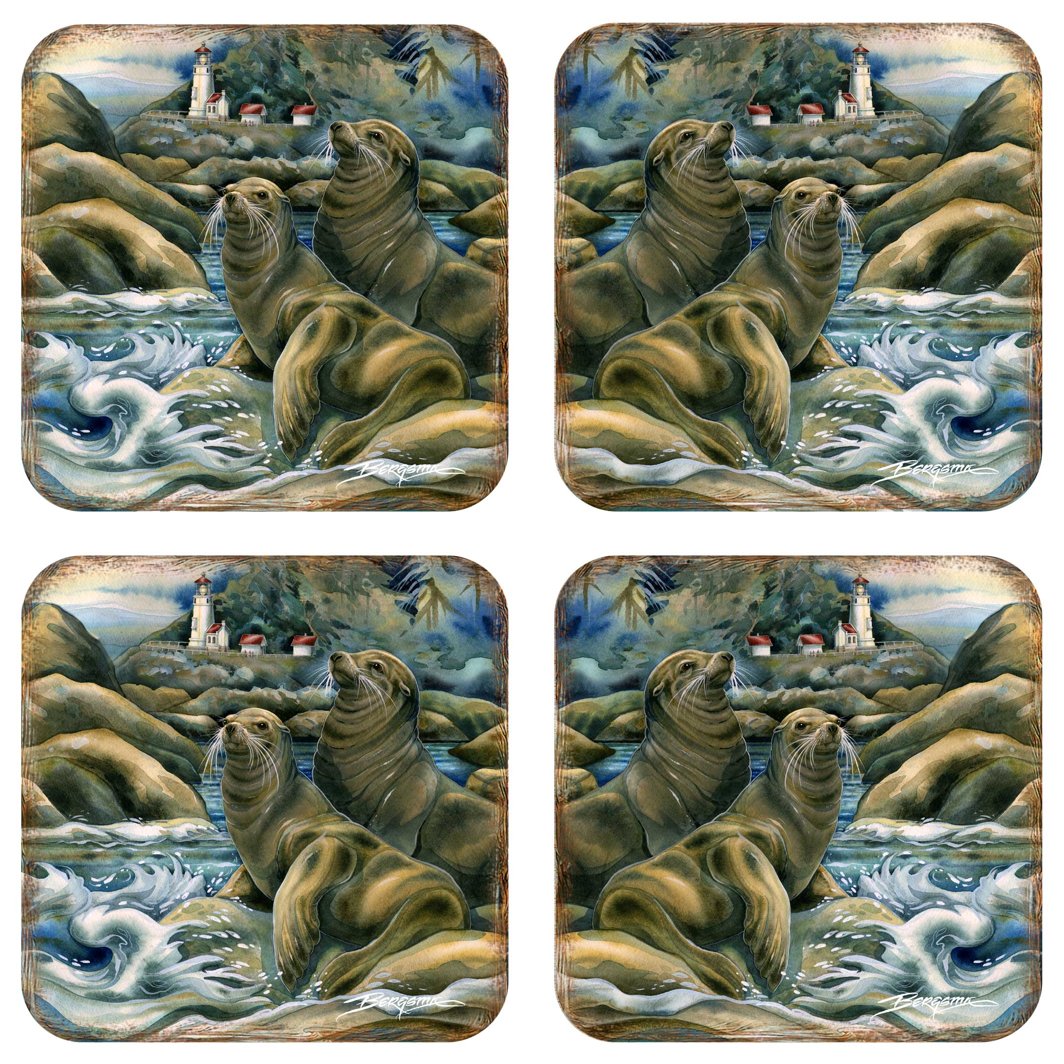 Lions of the Sea Wooden Cork Coasters Gift Set of 4 by J. Bergsma - Coastal Wildlife Decor - 8199466C-S4