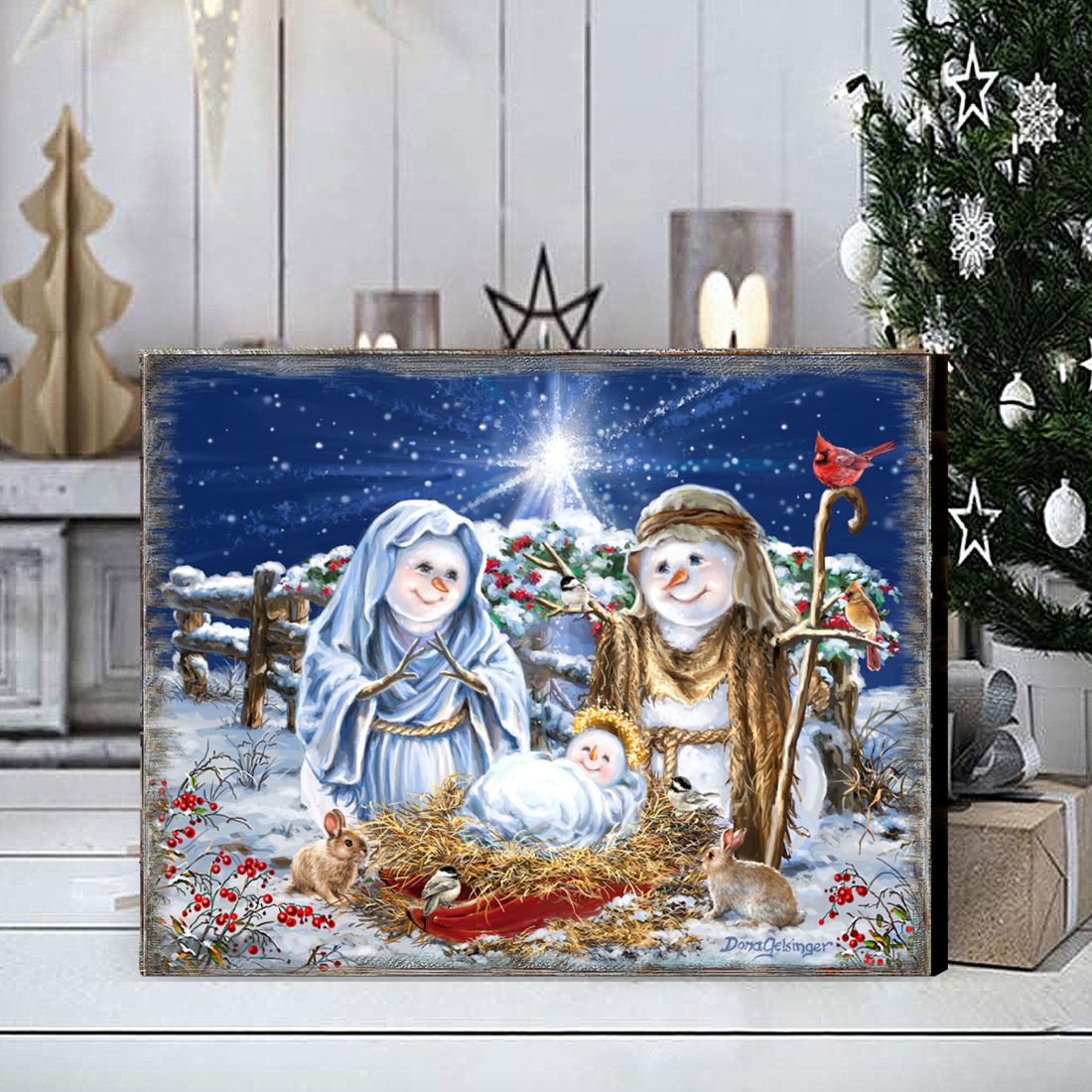 Snow Family Nativity Art Wooden Wall Art by D. Gelsinger - Christmas Santa Snowman Decor - 95675B-DG