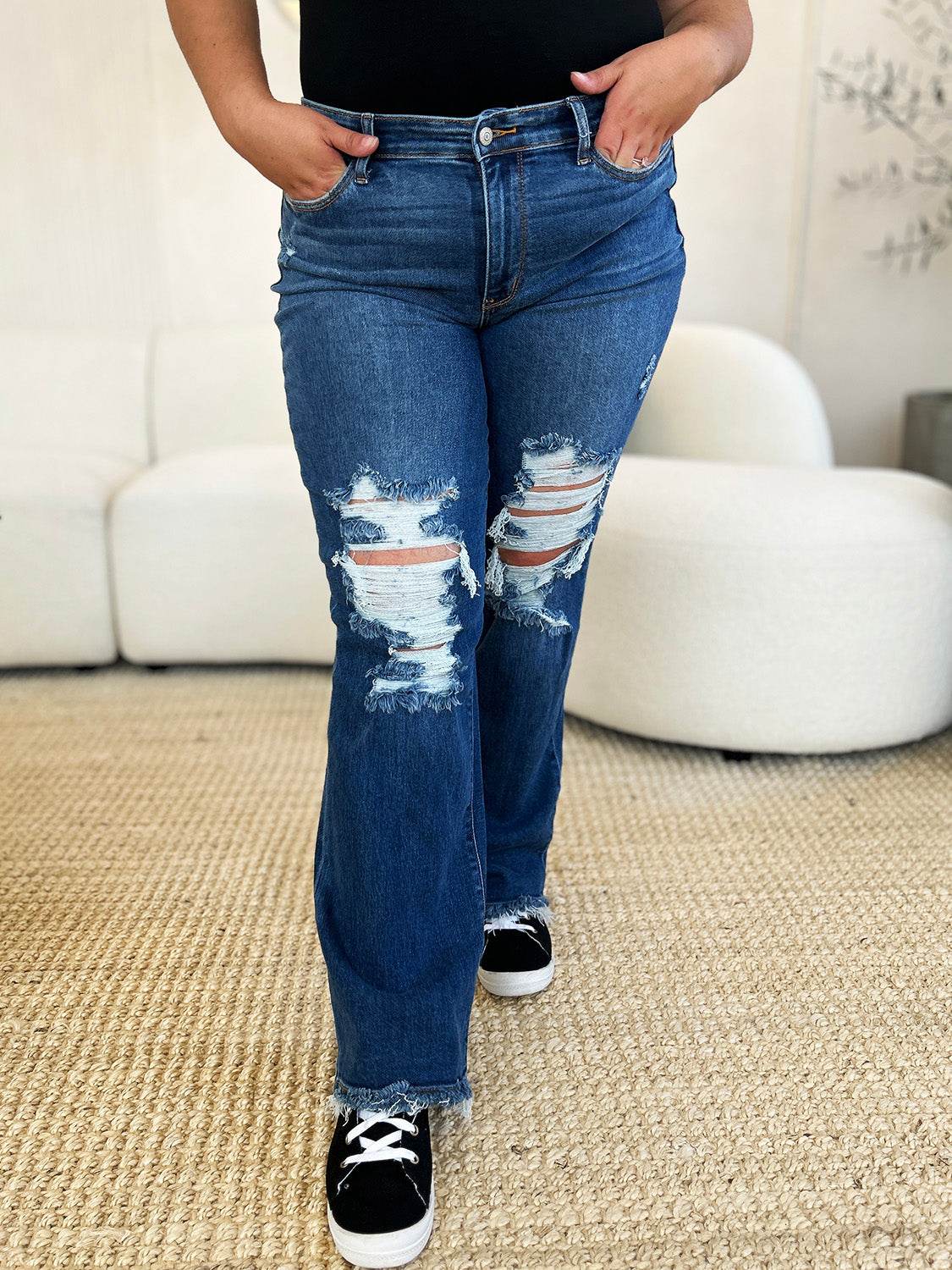 Judy Blue Full Size Mid Rise Distressed Raw Hem Women Jeans