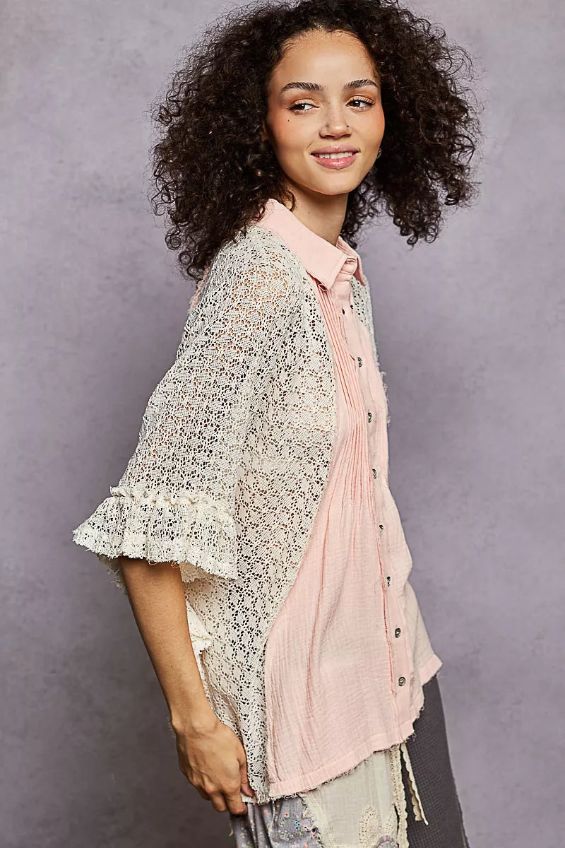 POL Button Down Front Pleated Shirt with Crochet Patch