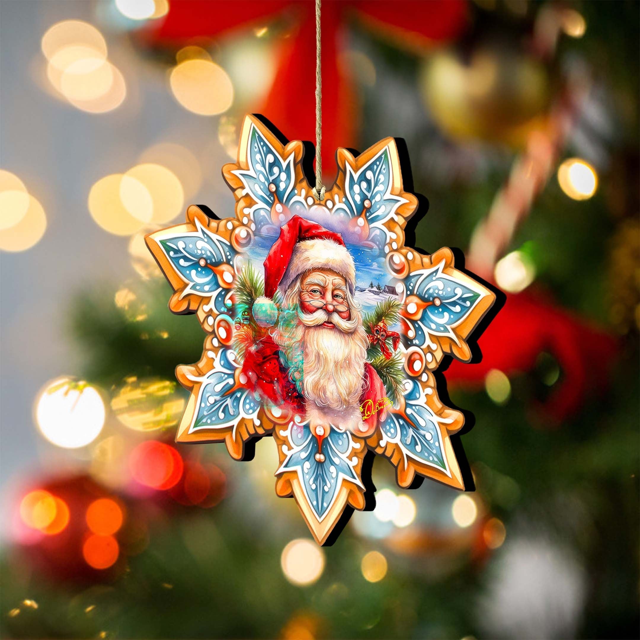 Santa Snowflake Wooden Ornaments by G. Debrekht - Christmas Santa Snowman Decor - 8688422