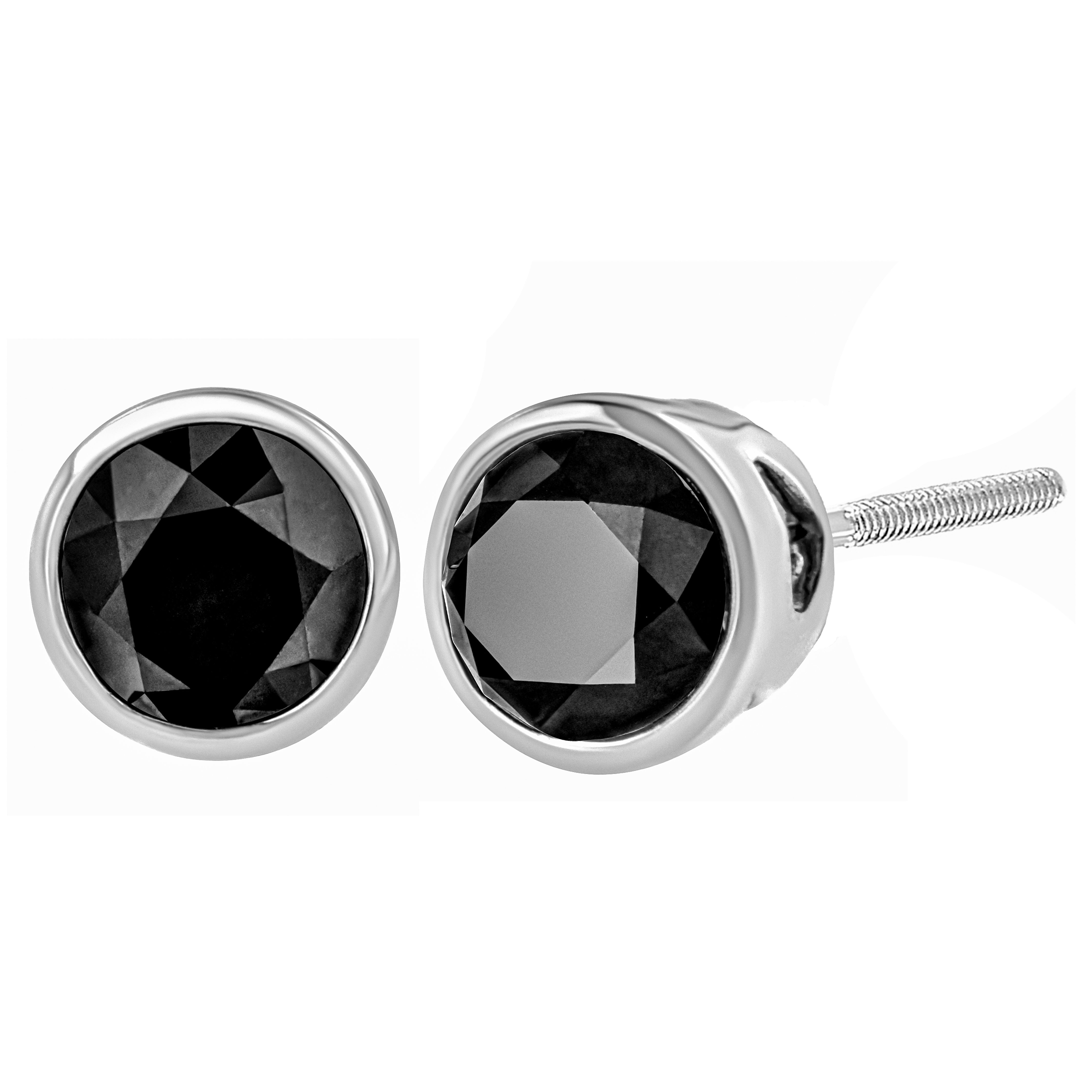 .925 Sterling Silver 3.00 Cttw Round Brilliant-Cut Black Diamond Bezel-Set Stud Earrings With Screw Backs (Fancy Color-Enhanced, I2-I3 Clarity)