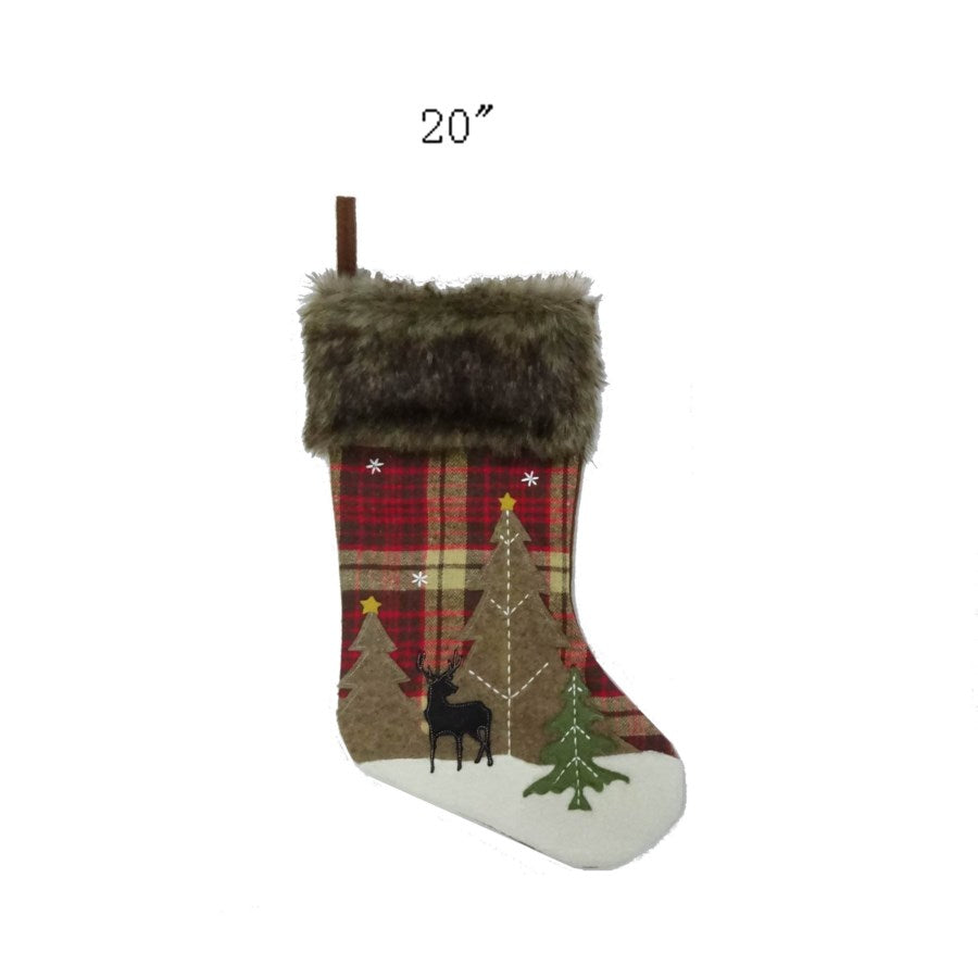 20 inch Red Plaid Stocking with Faux Fur Trim