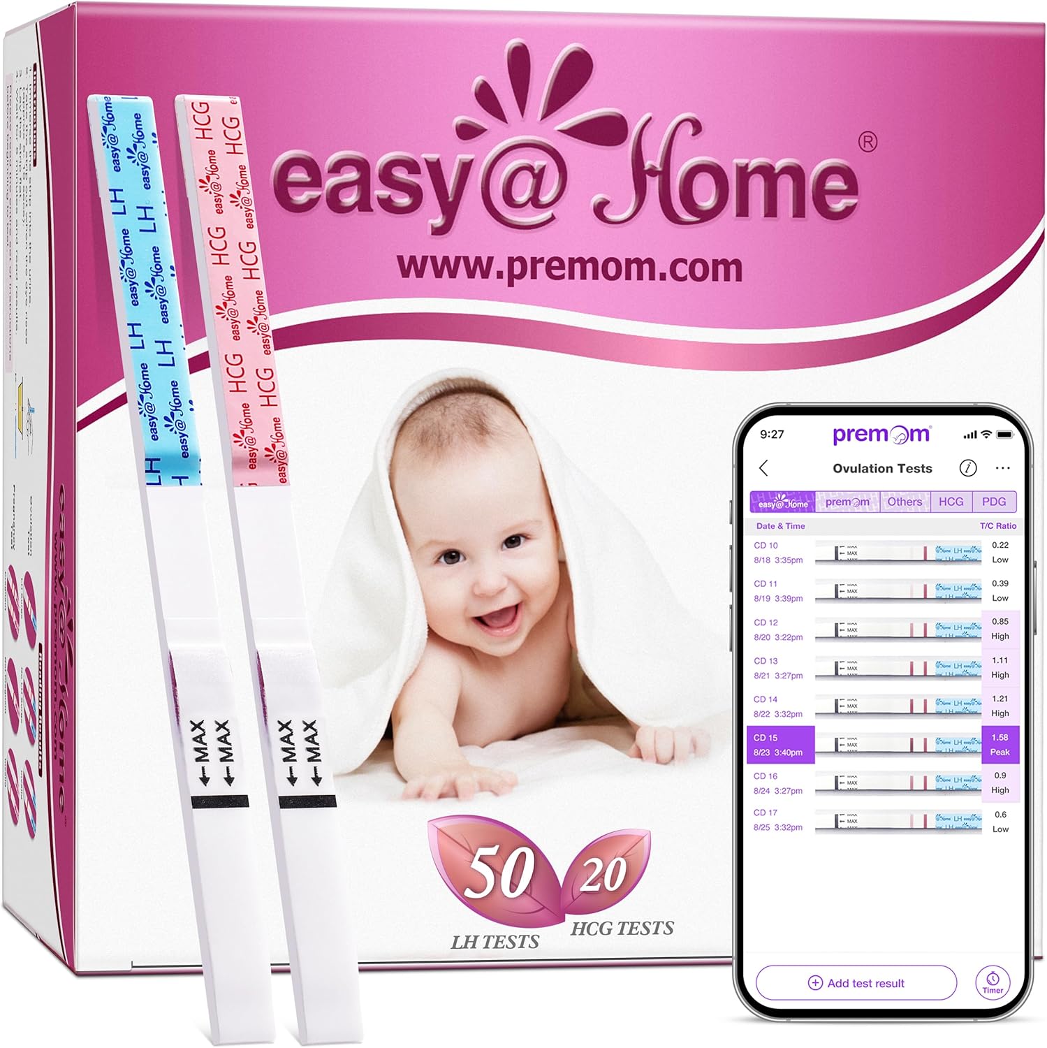Easy@Home 50 Ovulation Test Strips and 20 Pregnancy Test Strips Combo Kit, (50 LH + 20 HCG)-Package May Vary