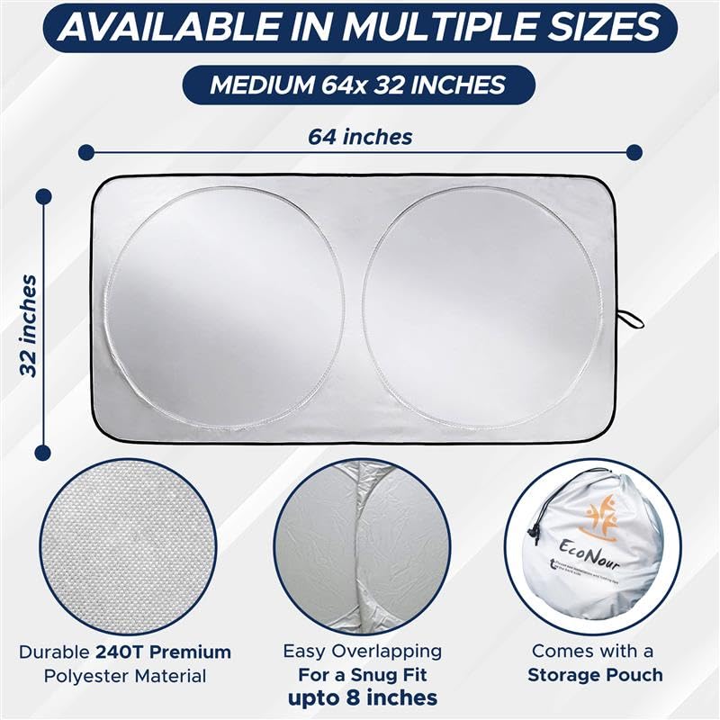 EcoNour Patented Design for Car Windshield Sun Shade | Blocks 99% Heat and Keep Interior Cool | Fits Cars, SUV, Truck | Automotive Sun Screen,Visor and Summer Vehicle Accessories | Medium (64x32)