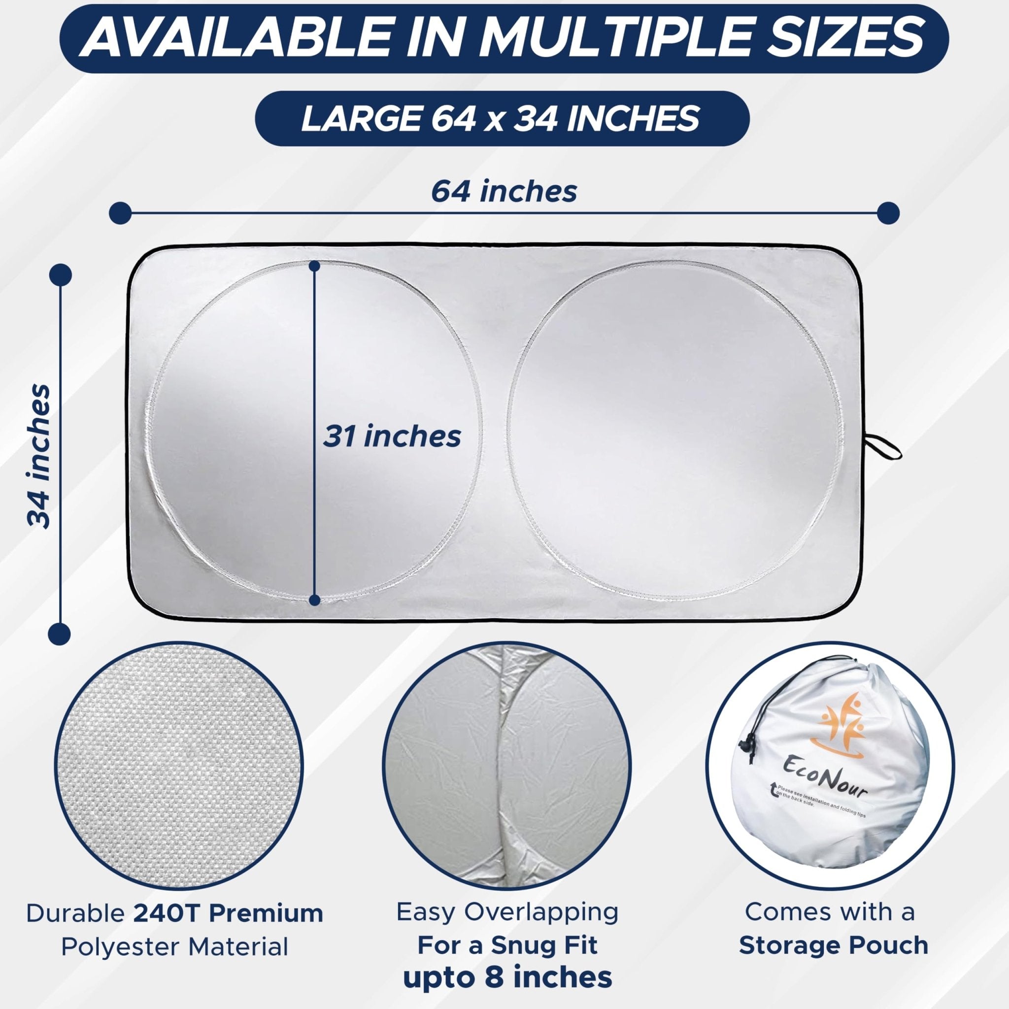 EcoNour Patented Design for Car Windshield Sun Shade | Blocks 99% Heat and Keep Interior Cool | Fits Cars, SUV, Truck | Automotive Sun Screen,Visor and Summer Vehicle Accessories | Medium (64x32)