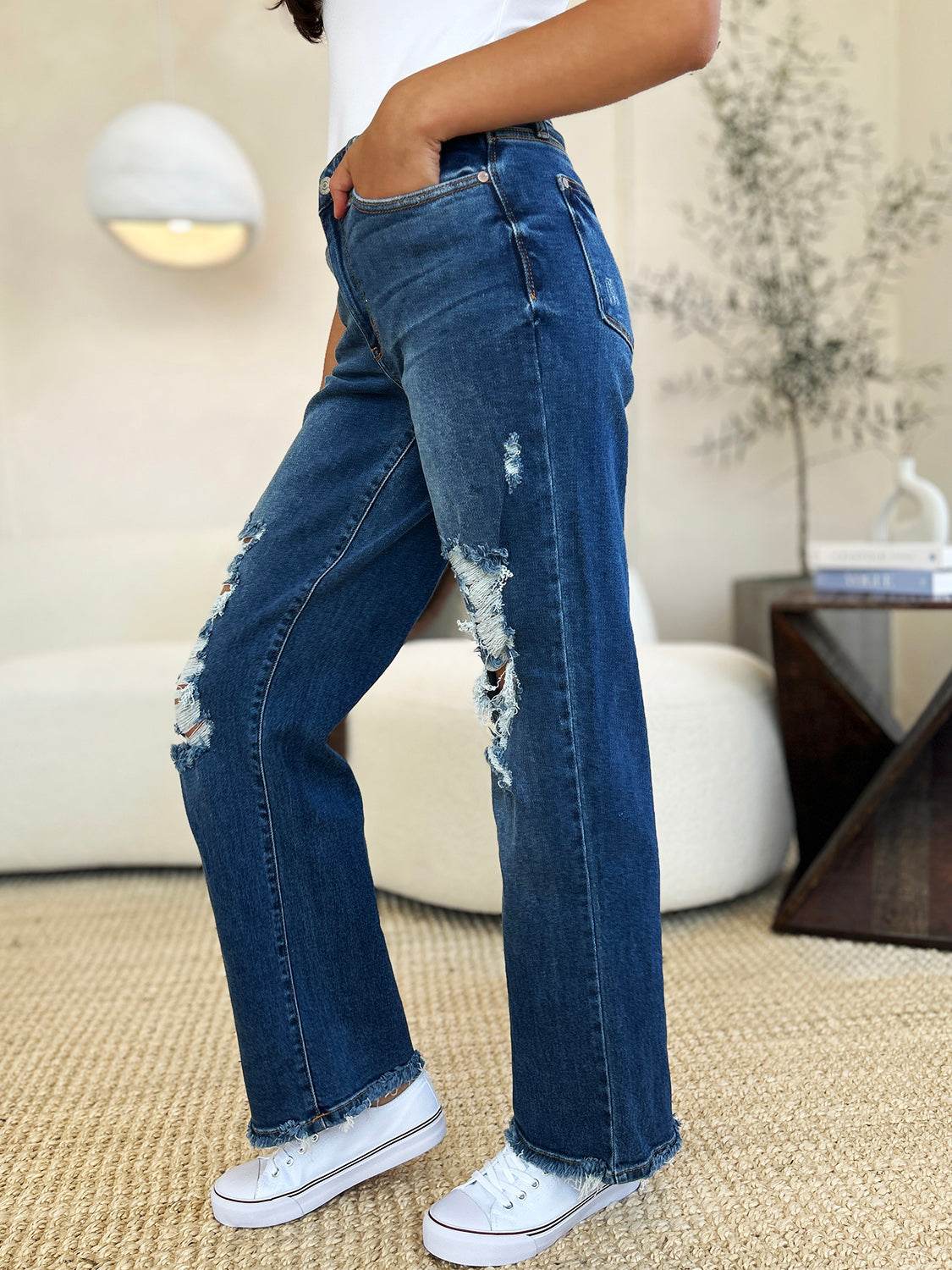 Judy Blue Full Size Mid Rise Distressed Raw Hem Women Jeans