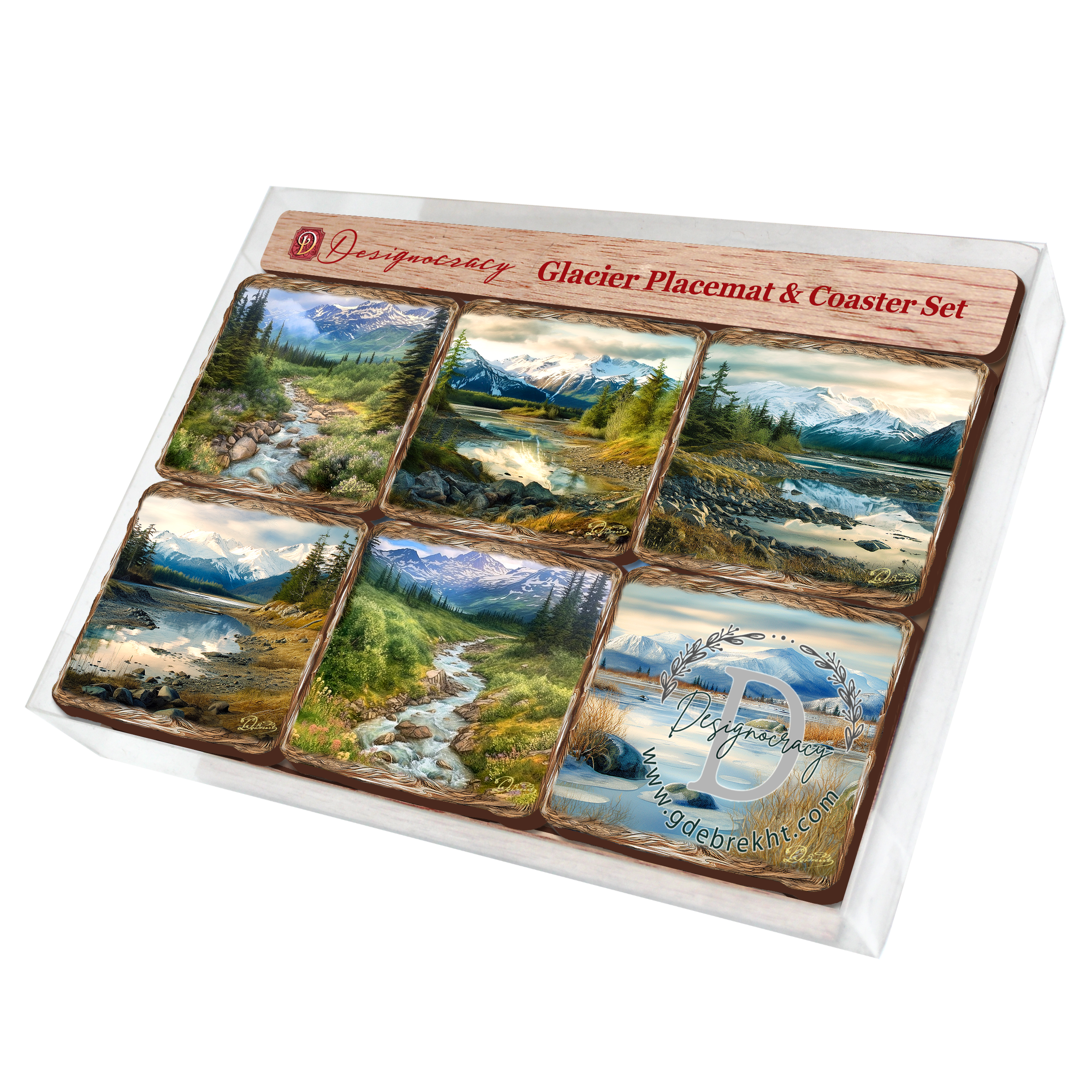 Mountain River Wooden Cork Placemat and Coasters Gift Set of 7 by Nature Wonders Nature Wildlife Decor - 85407C-S7