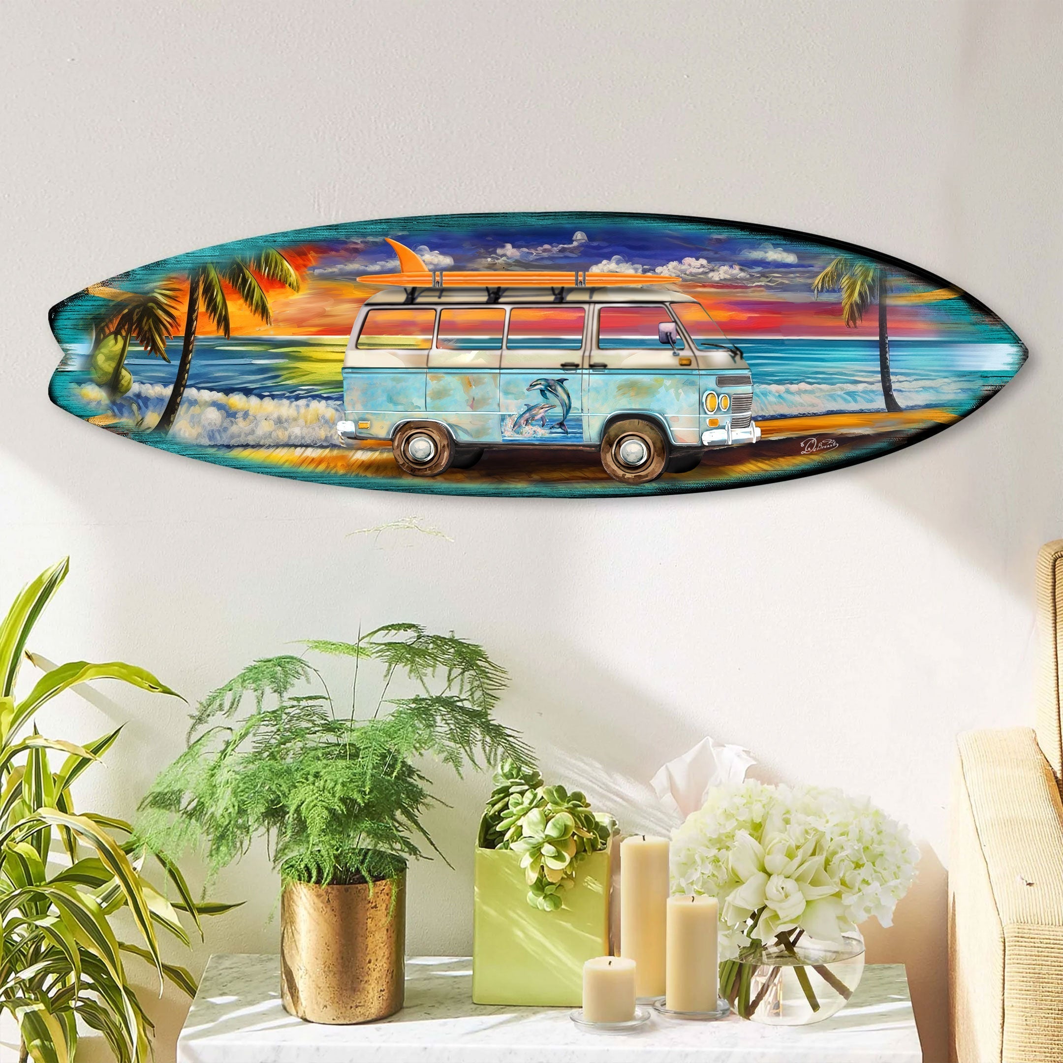 Beach Surf Van Surfboard Coastal Wooden Wall Art by G. DeBrekht - Handcrafted Coastal Holiday Decor Made in the USA - 8490120-3HS