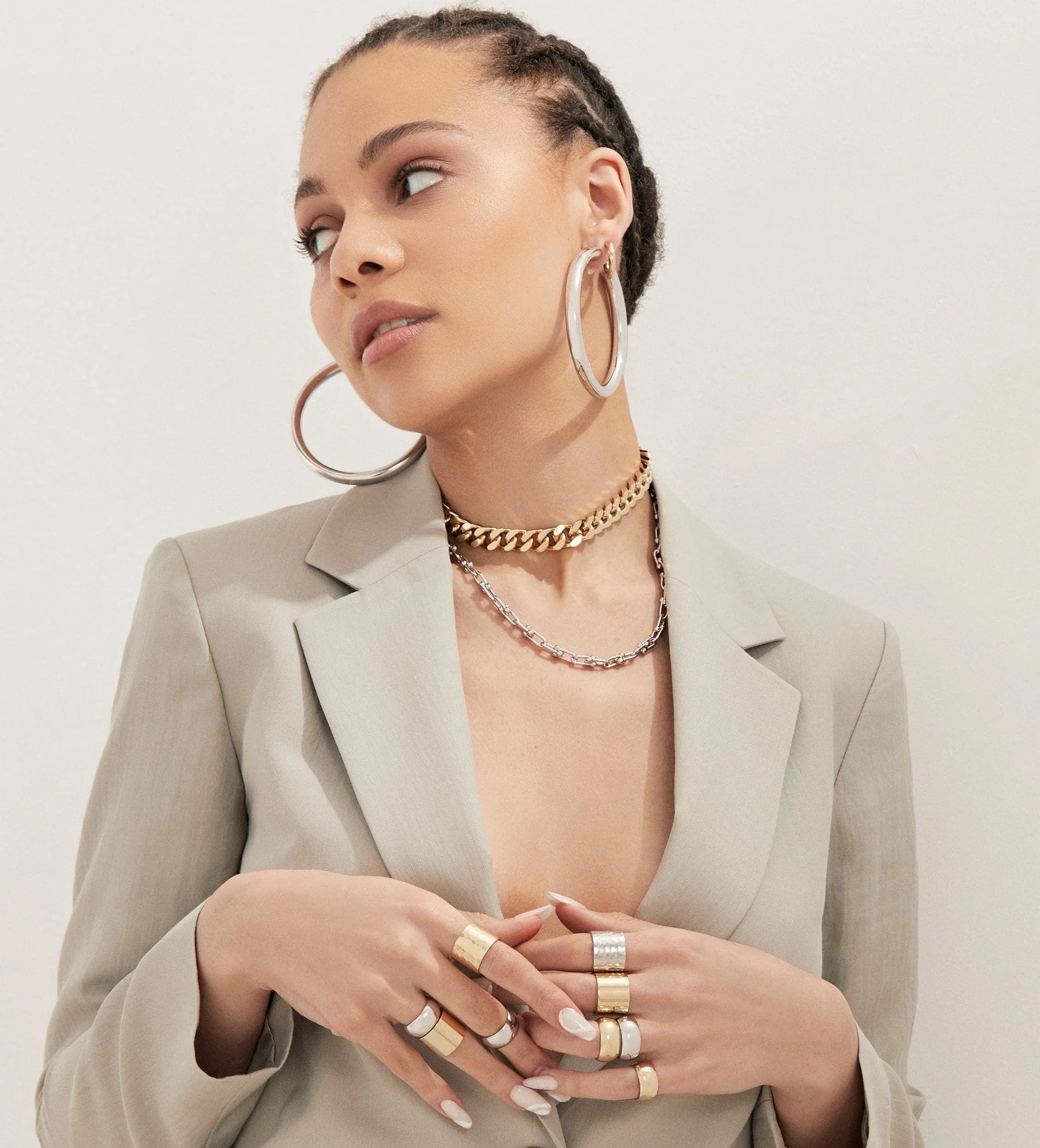 Woman wearing stylish 2.5 inch Ryan Hoops jewelry in cool outfit