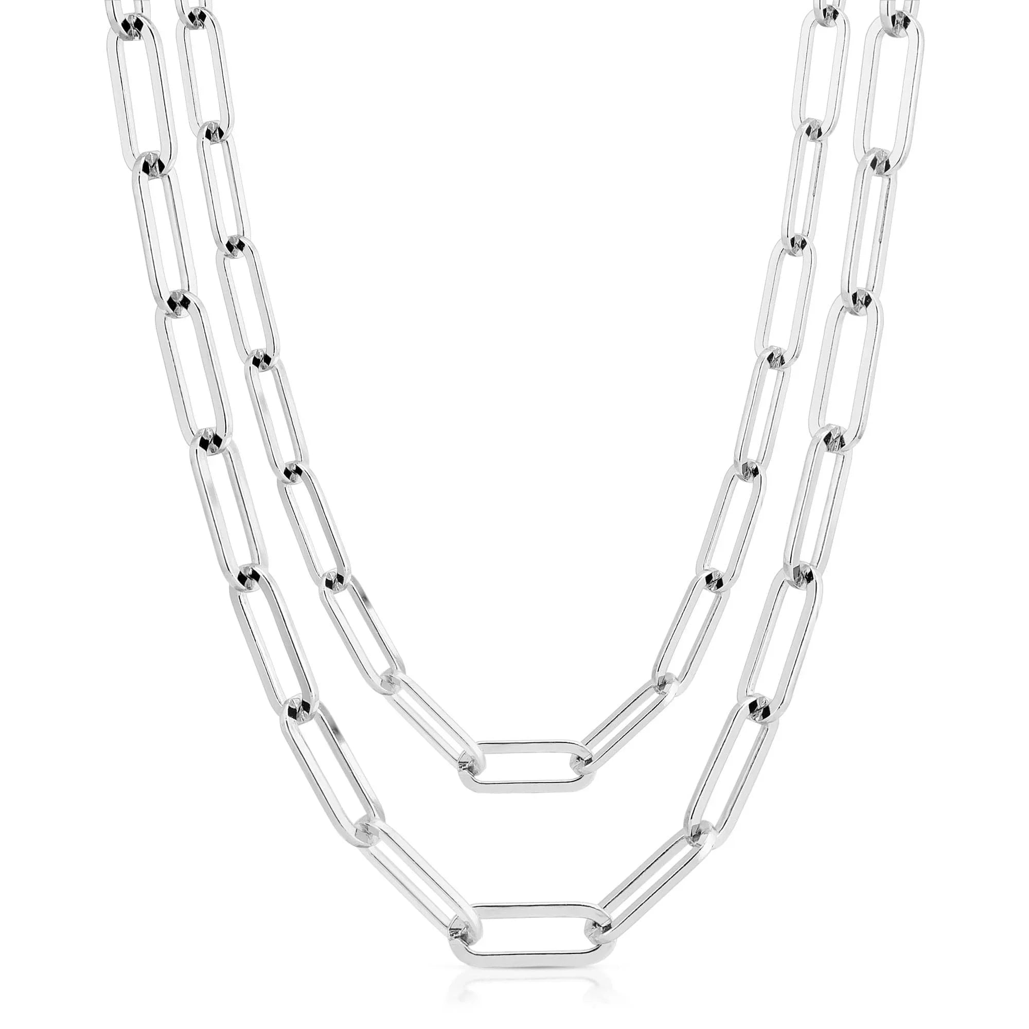 Silver double large elongated link chain necklace with two strands, stylish jewelry accessory