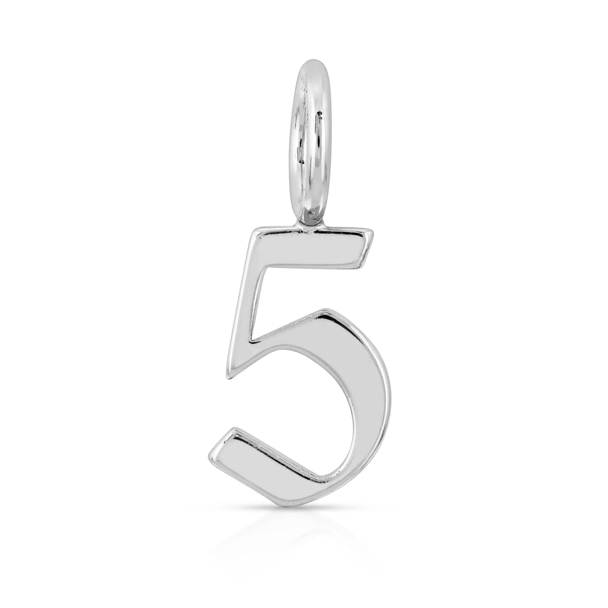 Silver number five pendant from Silver Gothic Numbers collection on a necklace