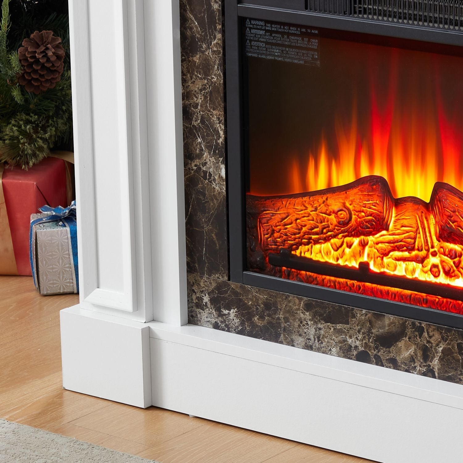 Electric Fireplace with Mantel, Fireplace Mantel, Fireplace Heater Freestanding, Realistic Stacked Stone Surround with Remote Control Timer LED Flame, White, 45.66"W*11.8"D*40"H