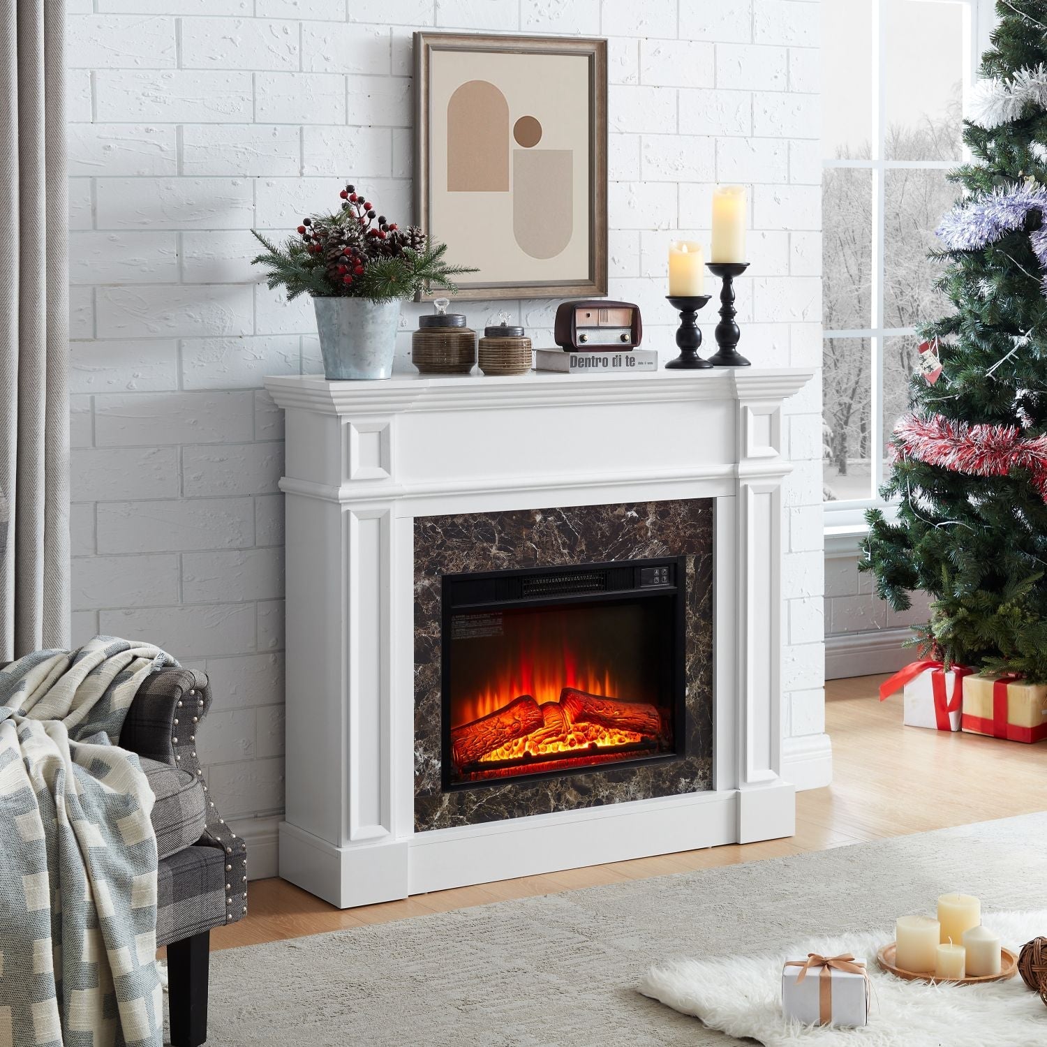 Electric Fireplace with Mantel, Fireplace Mantel, Fireplace Heater Freestanding, Realistic Stacked Stone Surround with Remote Control Timer LED Flame, White, 45.66"W*11.8"D*40"H