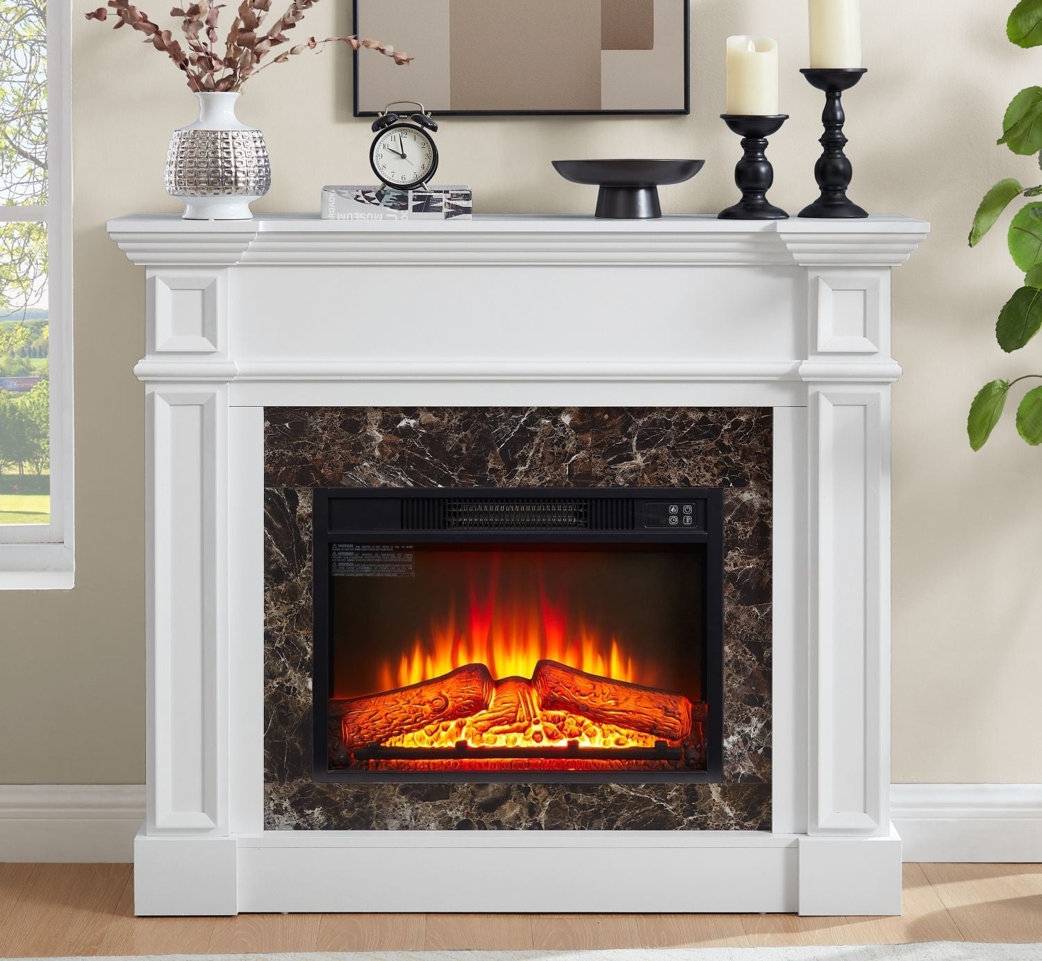Electric Fireplace with Mantel, Fireplace Mantel, Fireplace Heater Freestanding, Realistic Stacked Stone Surround with Remote Control Timer LED Flame, White, 45.66"W*11.8"D*40"H