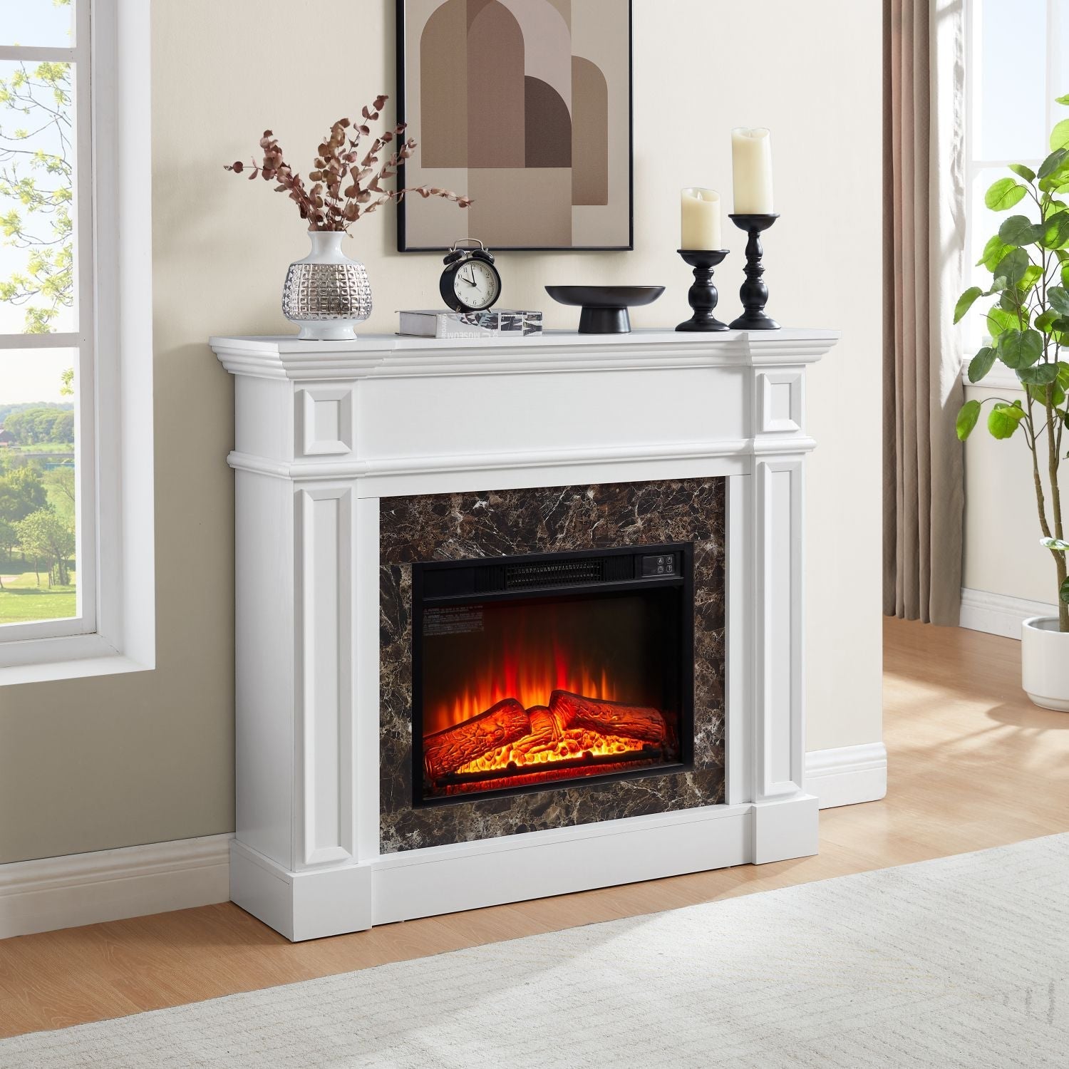 Electric Fireplace with Mantel, Fireplace Mantel, Fireplace Heater Freestanding, Realistic Stacked Stone Surround with Remote Control Timer LED Flame, White, 45.66"W*11.8"D*40"H