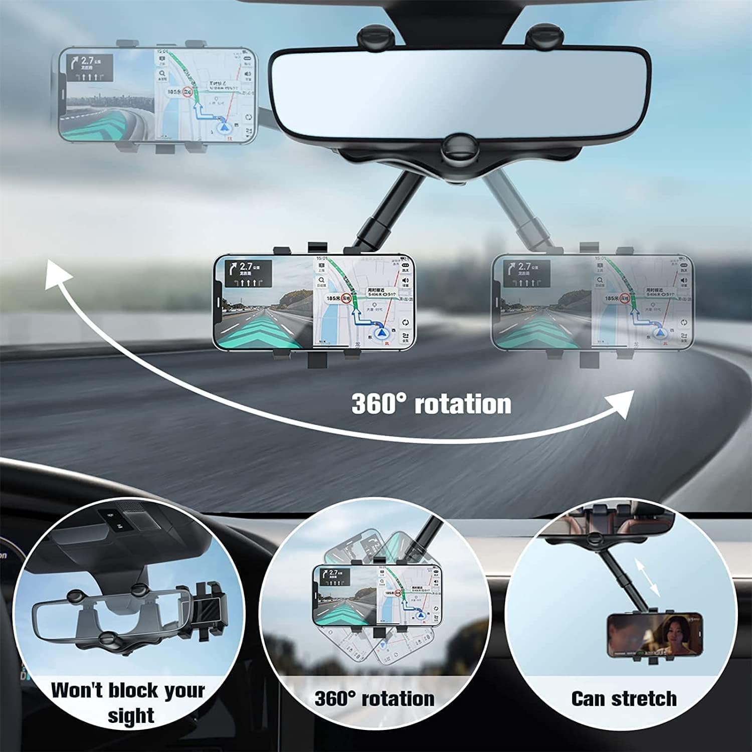 Elemenix Phone Holder, 360 Rotatable and Retractable Car Phone Holder, Fullofcarts Phone Holder, 360° Car Rearview Mirror Phone Holder for Car Mount Phone and Gps Holder Support Rotating Adjustable