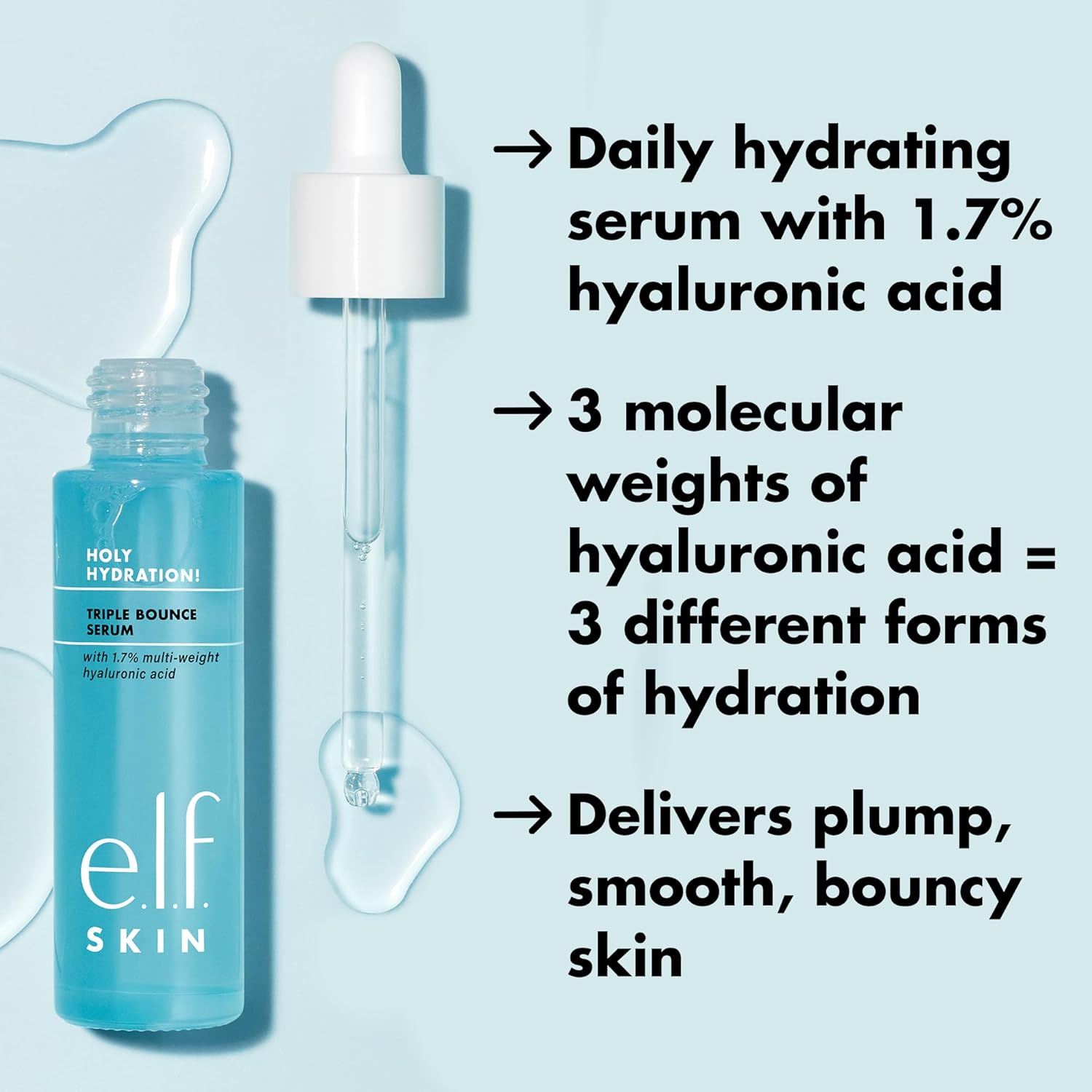 e.l.f. SKIN Holy Hydration! Triple Bounce Serum, 1.7% Hyaluronic Acid Serum For Plump, Bouncy Skin, Great For Hydrating Dry Skin