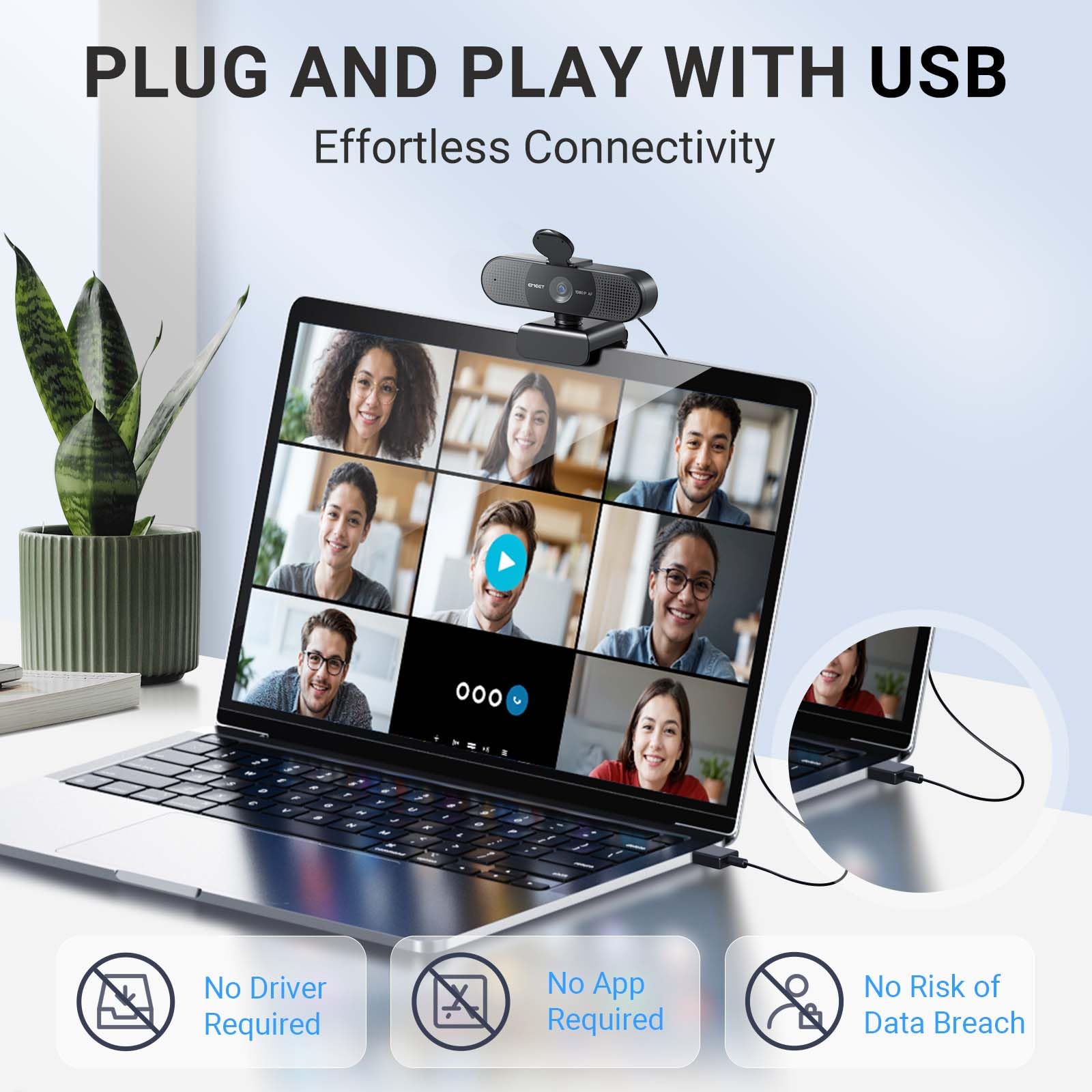 EMEET 1080P Webcam with Microphone, C960 Web Camera, 2 Mics, 90° FOV, USB Type-A & A-to-C Adapter, Plug&Play Computer Camera for Online Calling/Conferencing, Zoom/Teams/Facetime/YouTube, 2025 Version