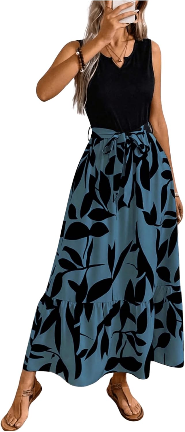 EMERY ROSE Spring/Summer Printed Asymmetrical Hem Dress (Mid-Long Length Knitted Vest & Woven Dress, Leaf Print) Maxi Vacation Beach Outfits Women