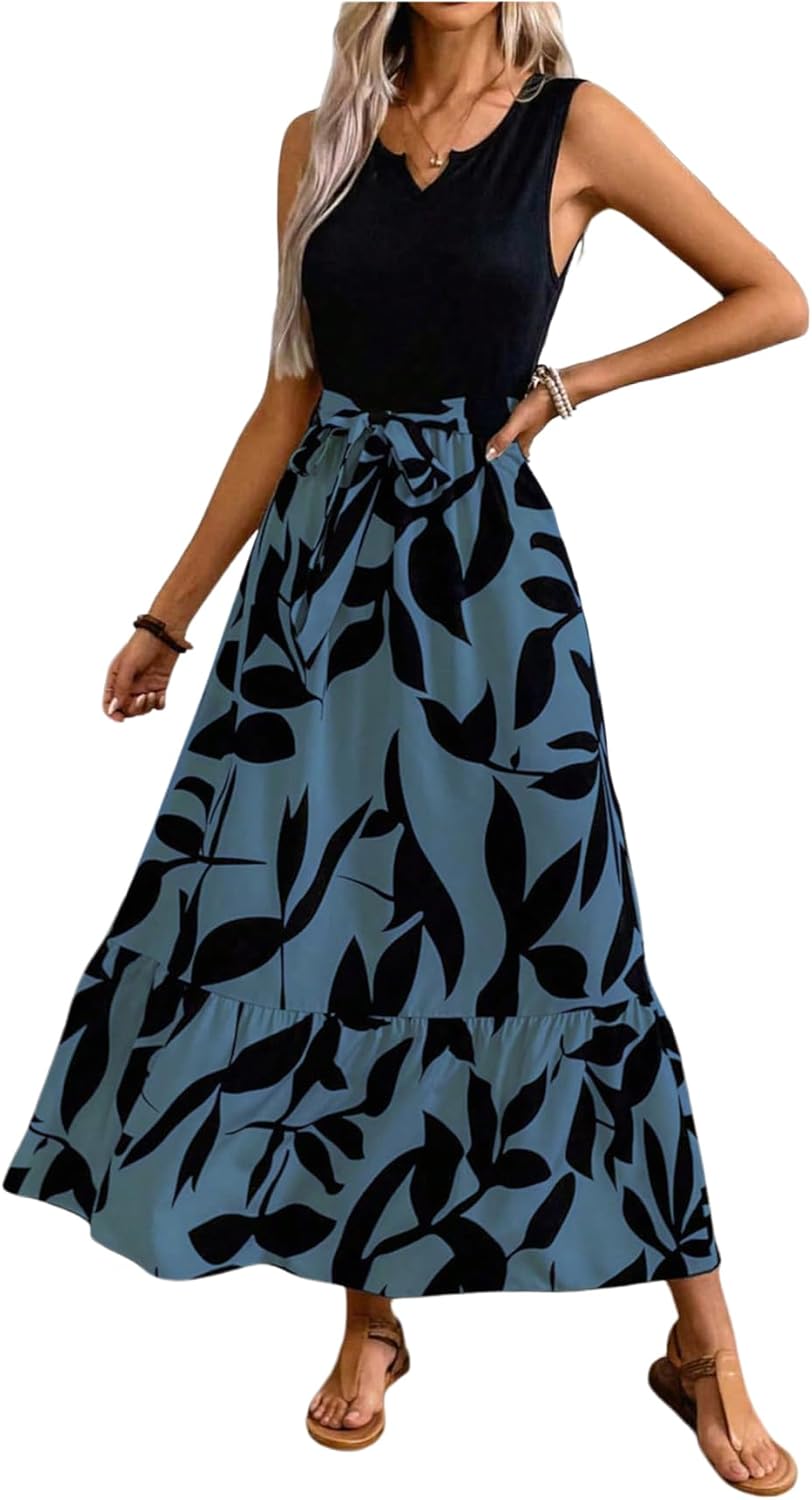 EMERY ROSE Spring/Summer Printed Asymmetrical Hem Dress (Mid-Long Length Knitted Vest & Woven Dress, Leaf Print) Maxi Vacation Beach Outfits Women