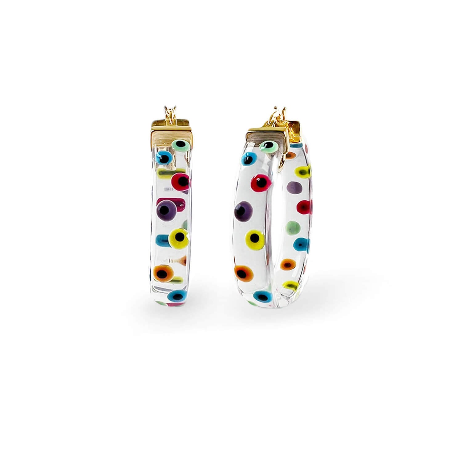 Flat Lucite Hoop Earrings with Rainbow Evil Eye