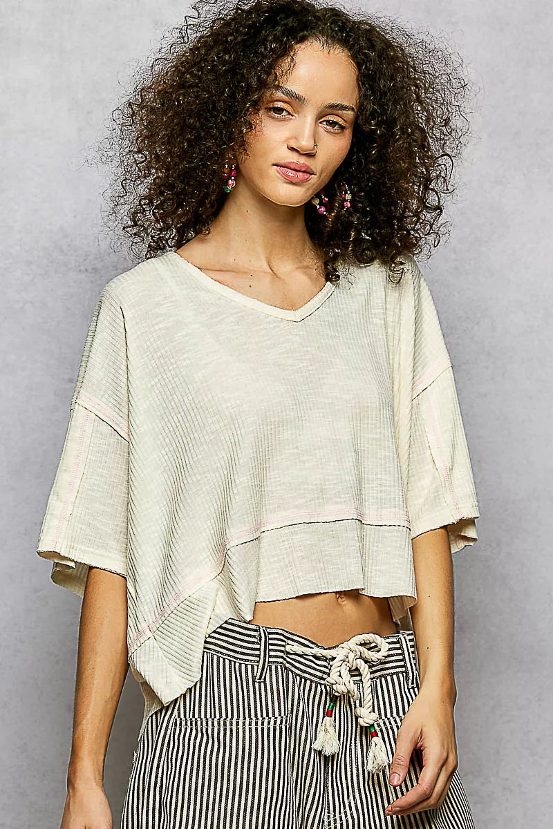 POL Short Sleeve Ccopped Rib T-Shirt with Contrast Stitch Detail