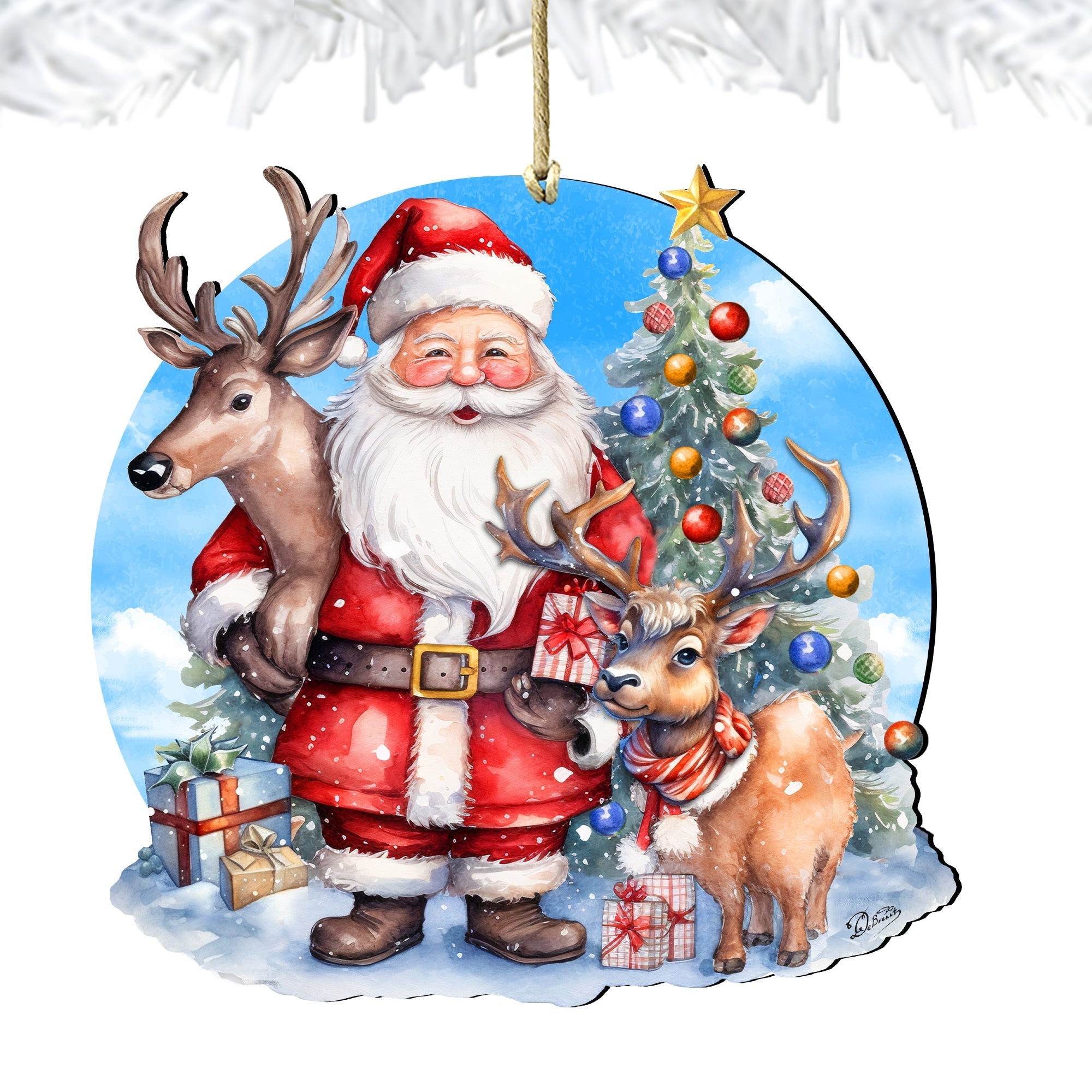 Santa with Reindeer Wooden Ornaments by G. Debrekht Christmas Santa Snowman Decor - 8611032