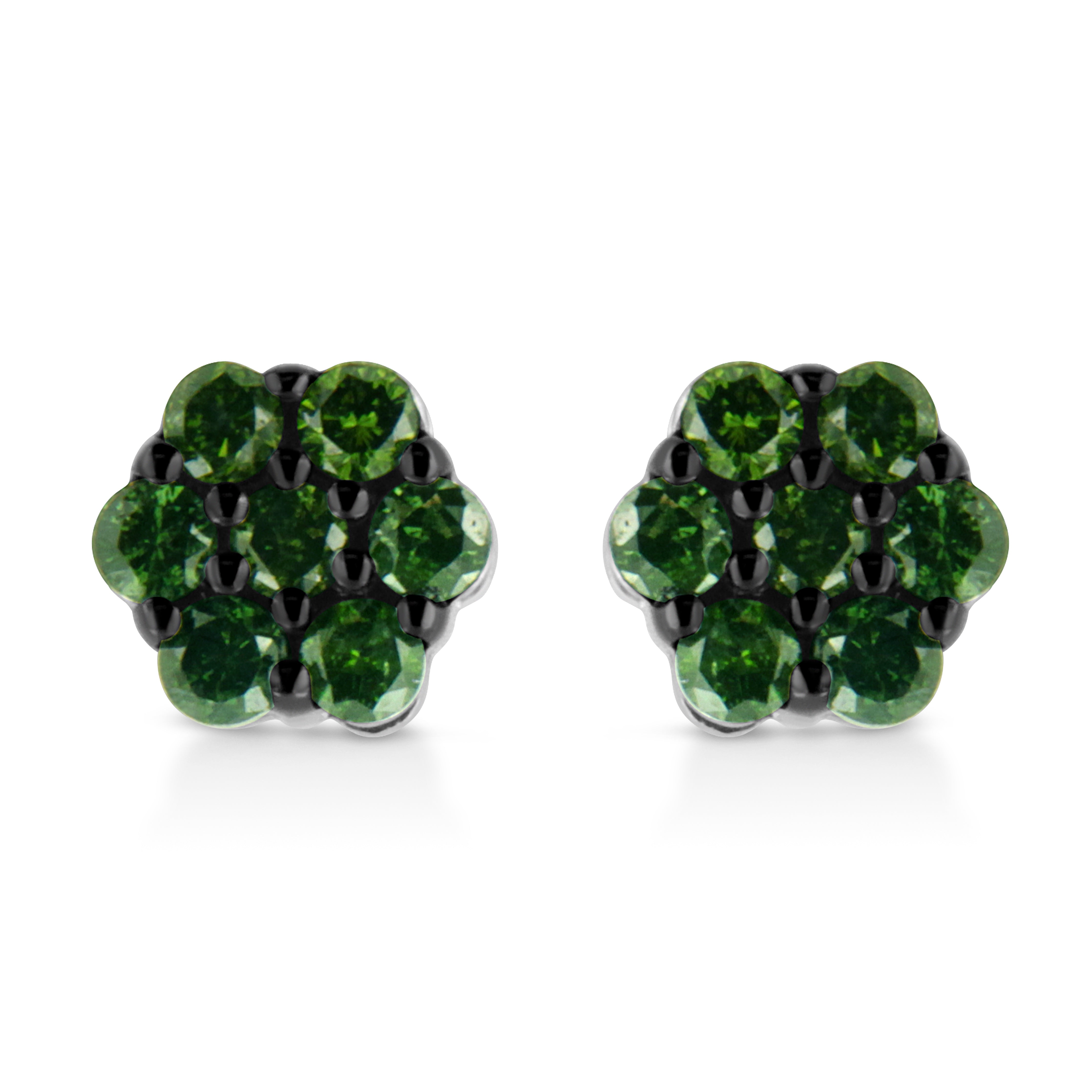 .925 Sterling Silver 1.0 Cttw Prong Set Round-Cut Treated Green Diamond Floral Cluster Stud Earring (Fancy Green Color, I1-I2 Clarity)