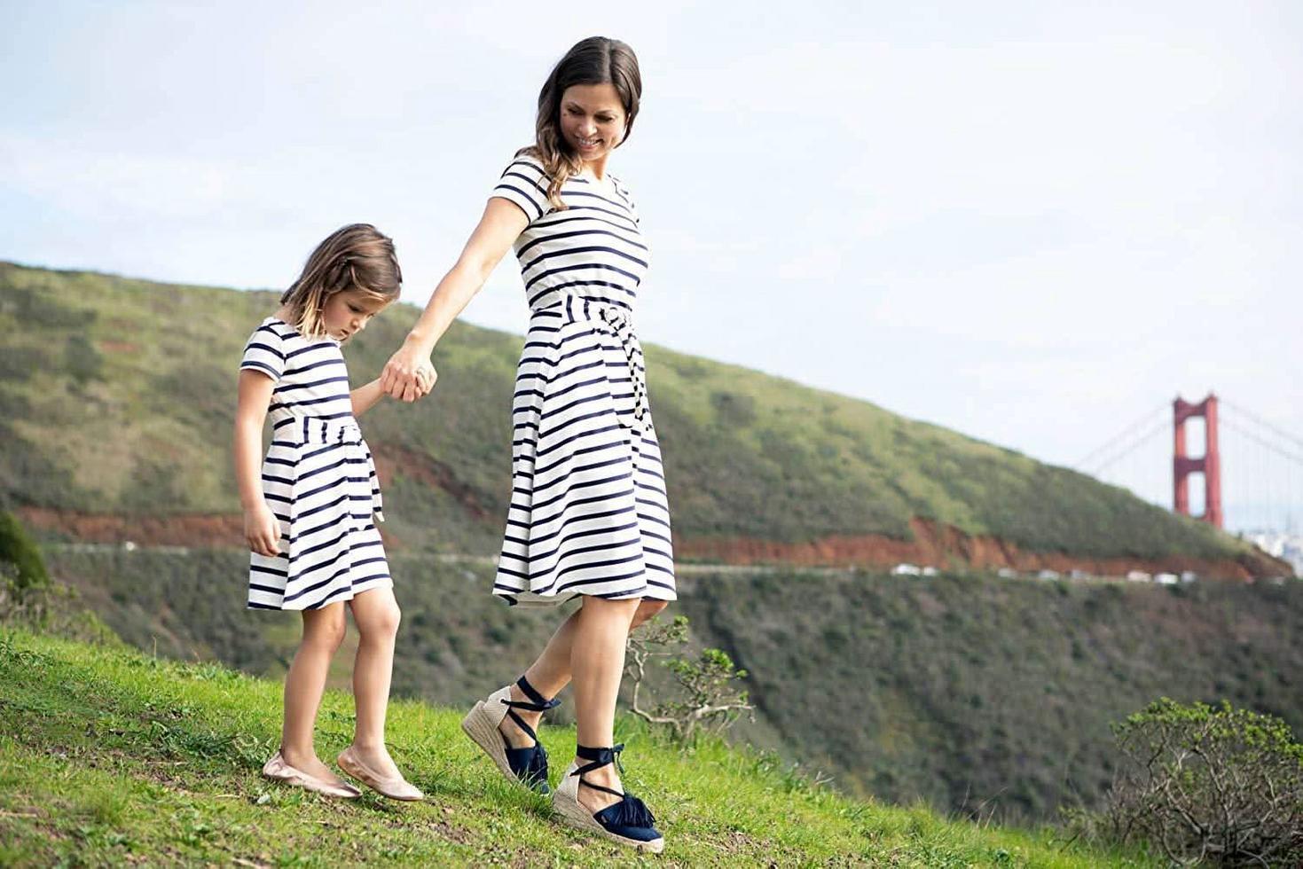 Organic Tie-Waist Knit Dress - White & Navy Stripe