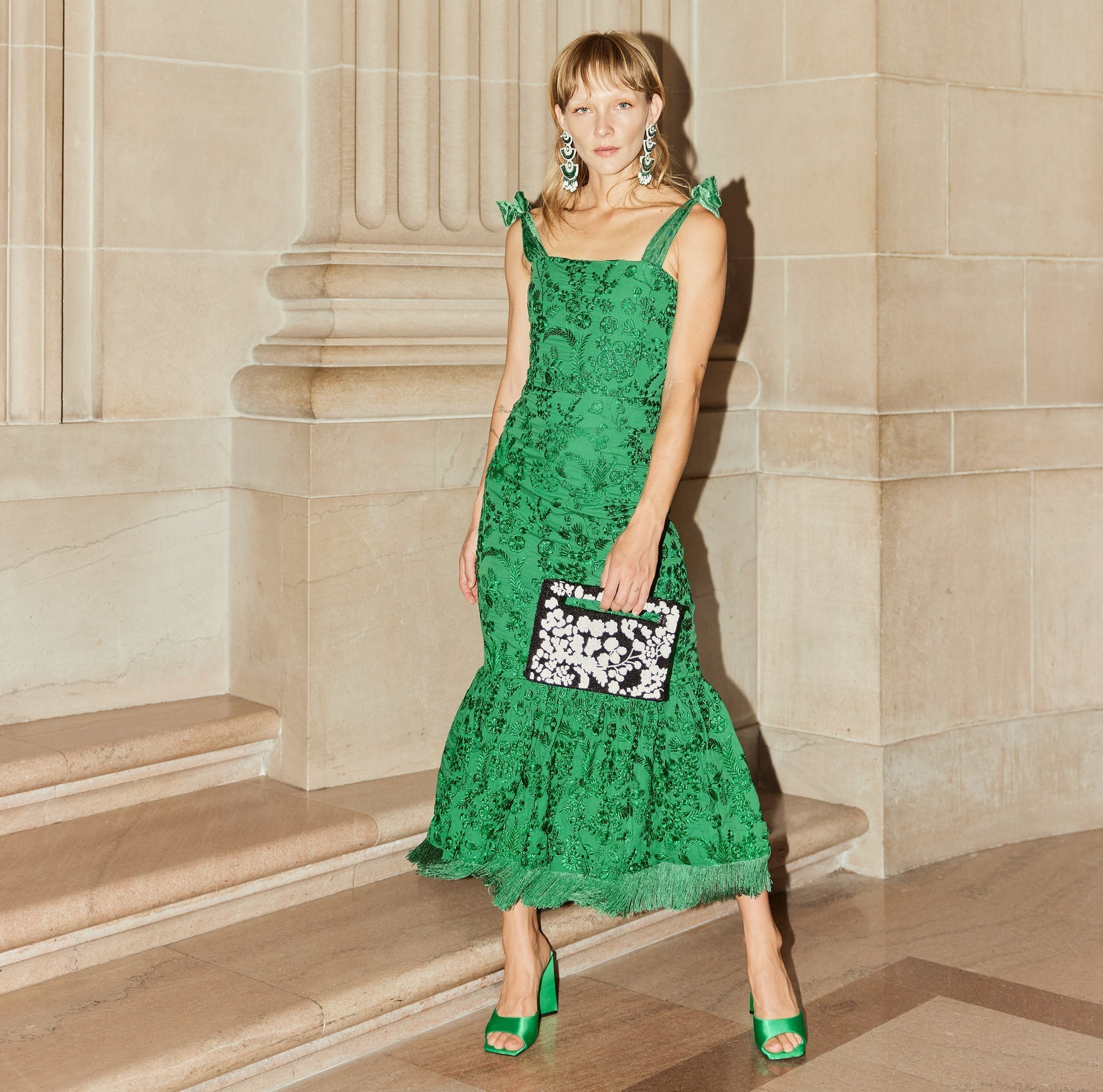 Herta Embroidered Fringe Midi Dress - Emerald Floral Embroidery