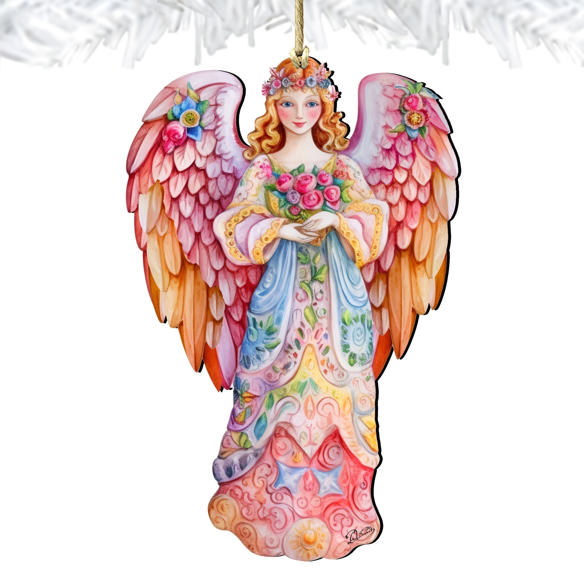 Pink Floral Angel Wooden Ornaments by G. DeBrekht Nativity Holiday Decor - 8611023
