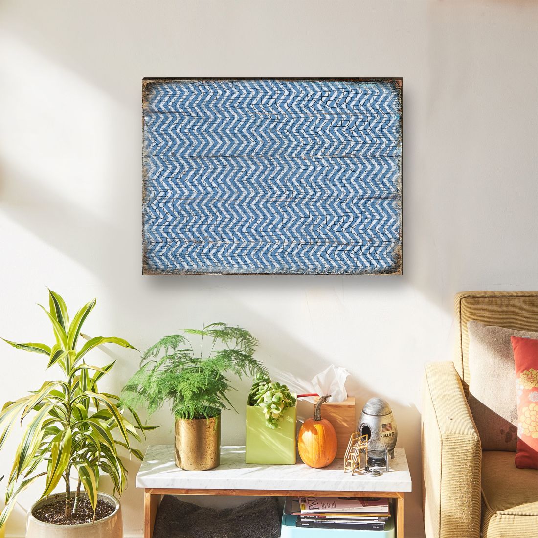 Blue Chevron Stripes Rustic Wooden Wall Art by G. DeBrekht - Floral Ornamental Decor - 95009B