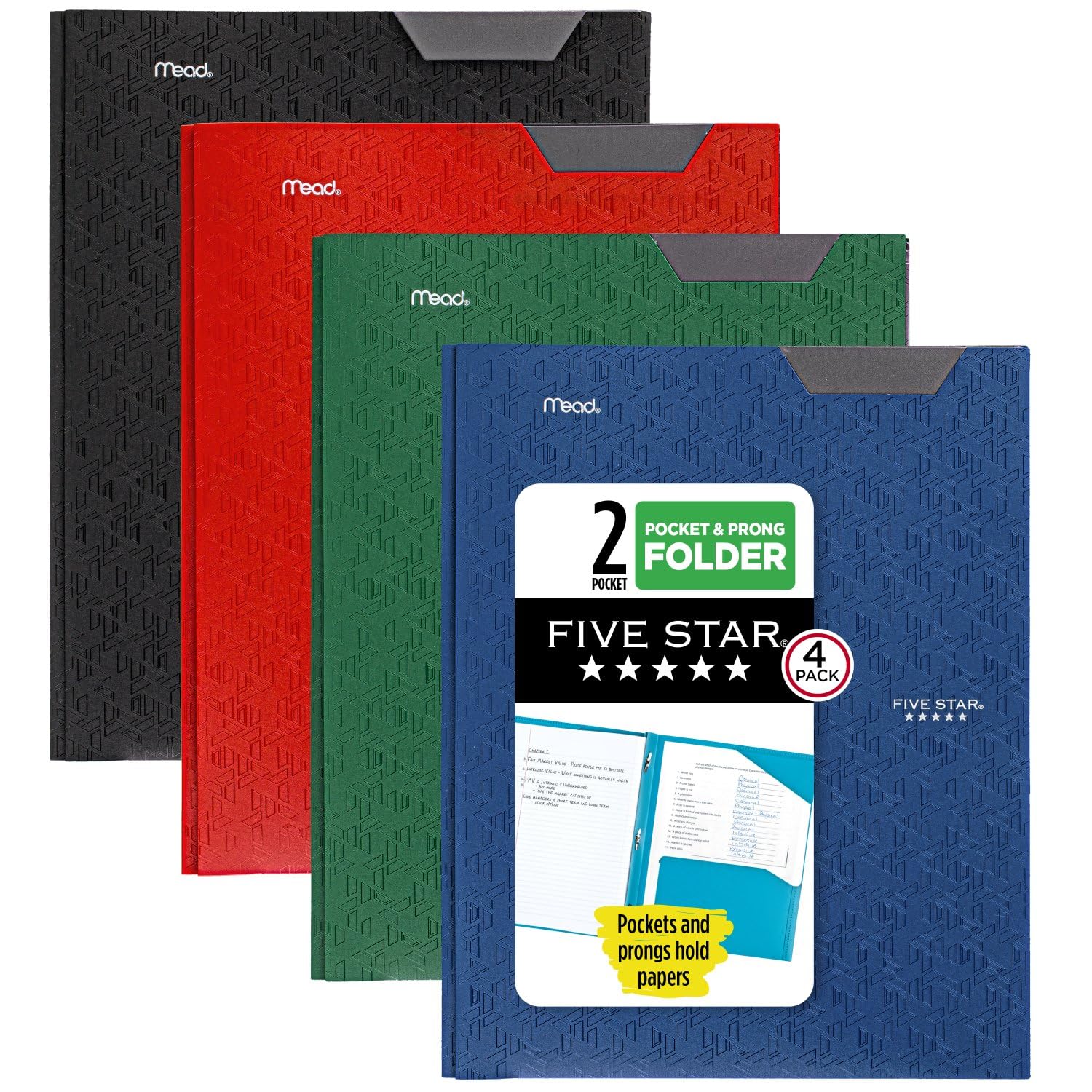 Five Star 2-Pocket Folder, 4 Pack, Plastic Folder with Stay-Put Tabs and Prong Fasteners, Holds 8-1/2" x 11" Paper, Black, Fire Red, Forest Green, Pacific Blue (38048)