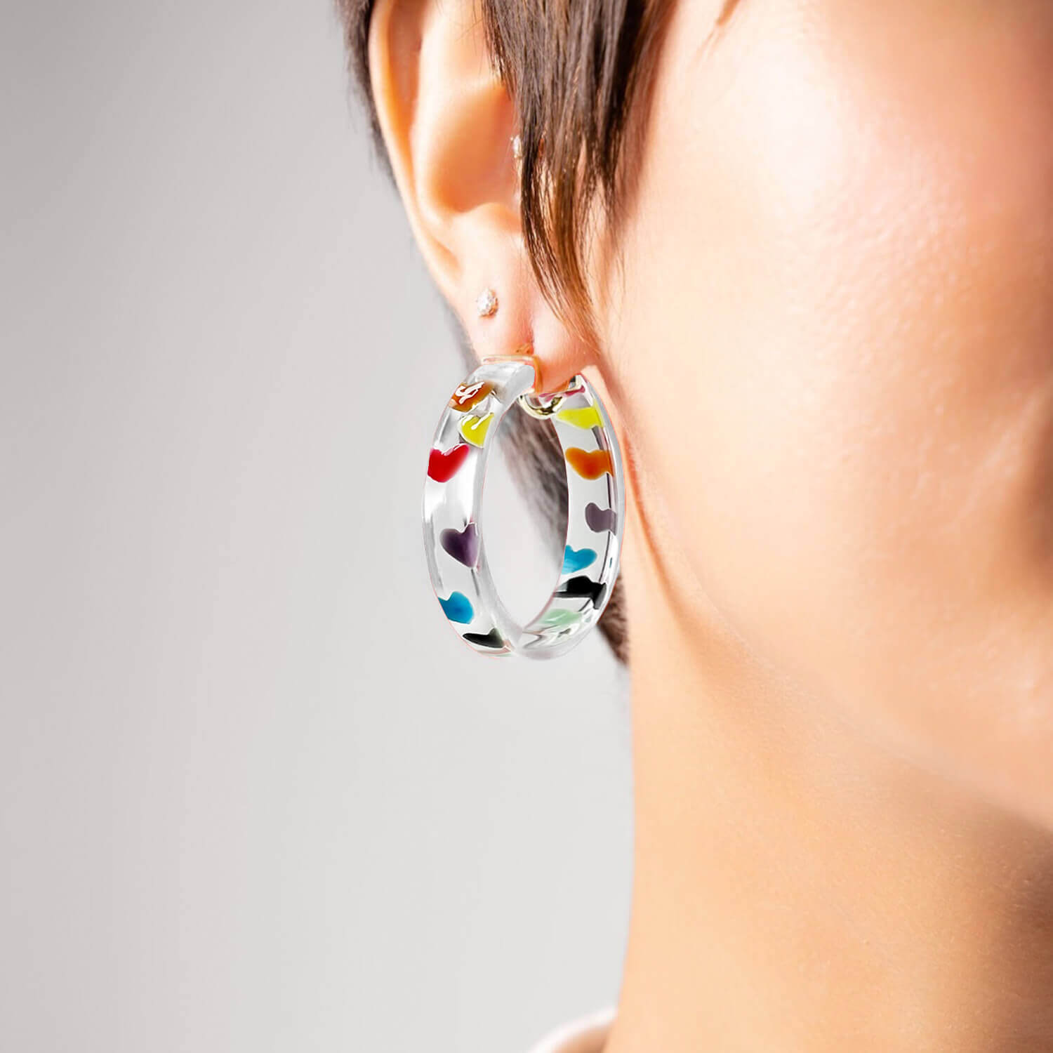 Flat Lucite Hoop Earrings with Rainbow Hearts