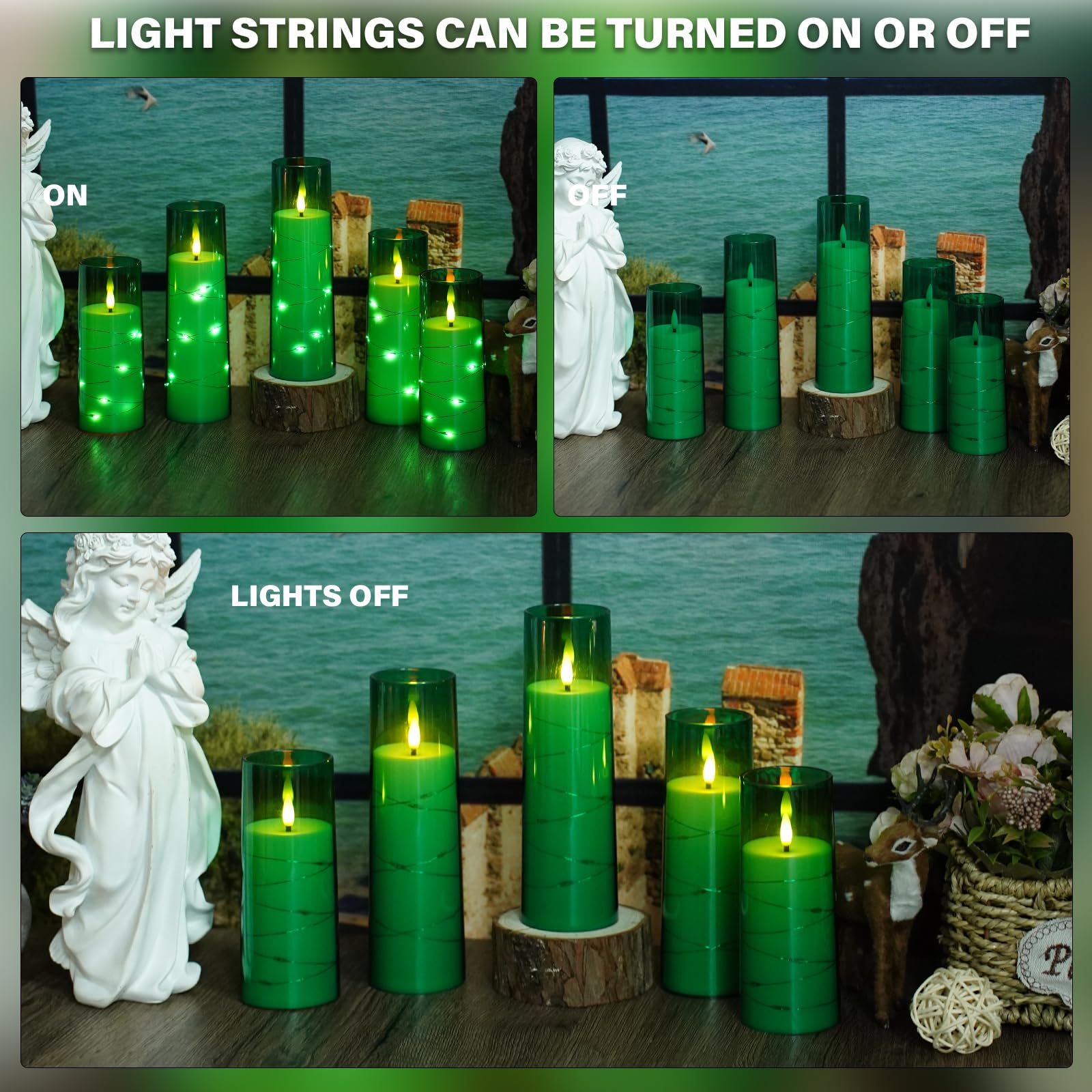 Flickering Flameless LED Candles, 9 Pcs with Embedded Star String, Acrylic LED Pillar Candles with Remote, Suitable for Home Decoration (Grey)