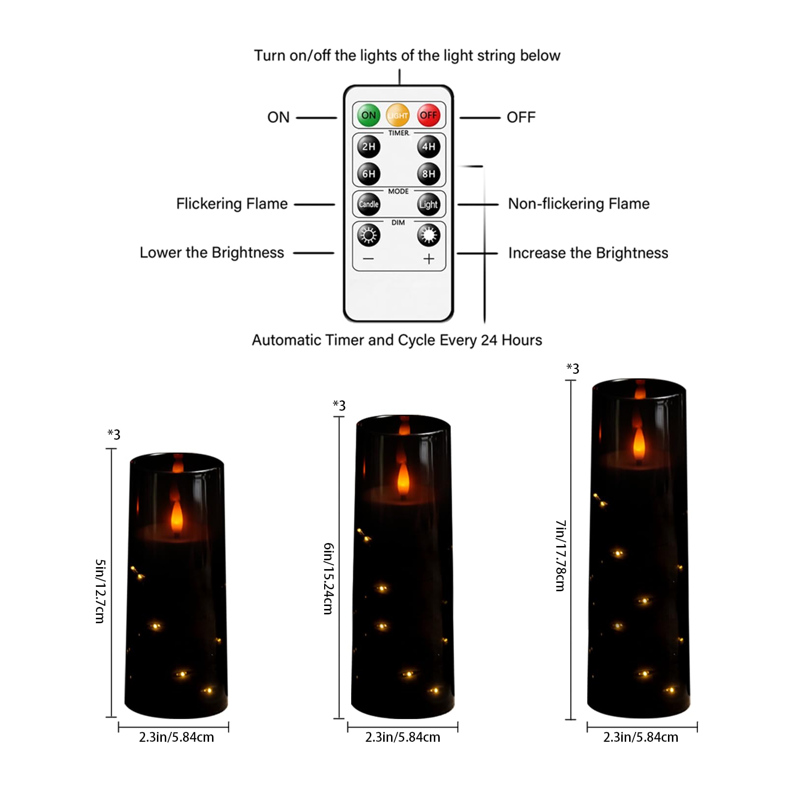 Flickering Flameless LED Candles, 9 Pcs with Embedded Star String, Acrylic LED Pillar Candles with Remote, Suitable for Home Decoration (Grey)