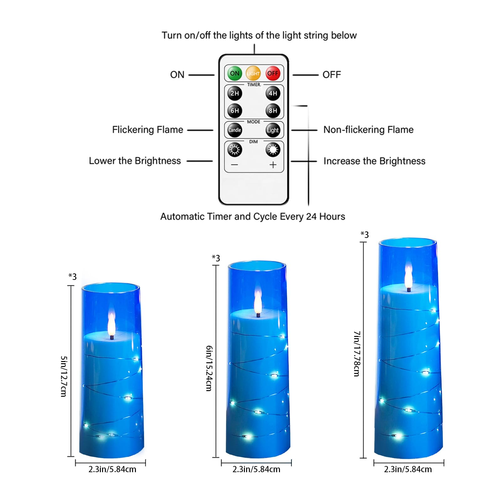 Flickering Flameless LED Candles, 9 Pcs with Embedded Star String, Acrylic LED Pillar Candles with Remote, Suitable for Home Decoration (Grey)