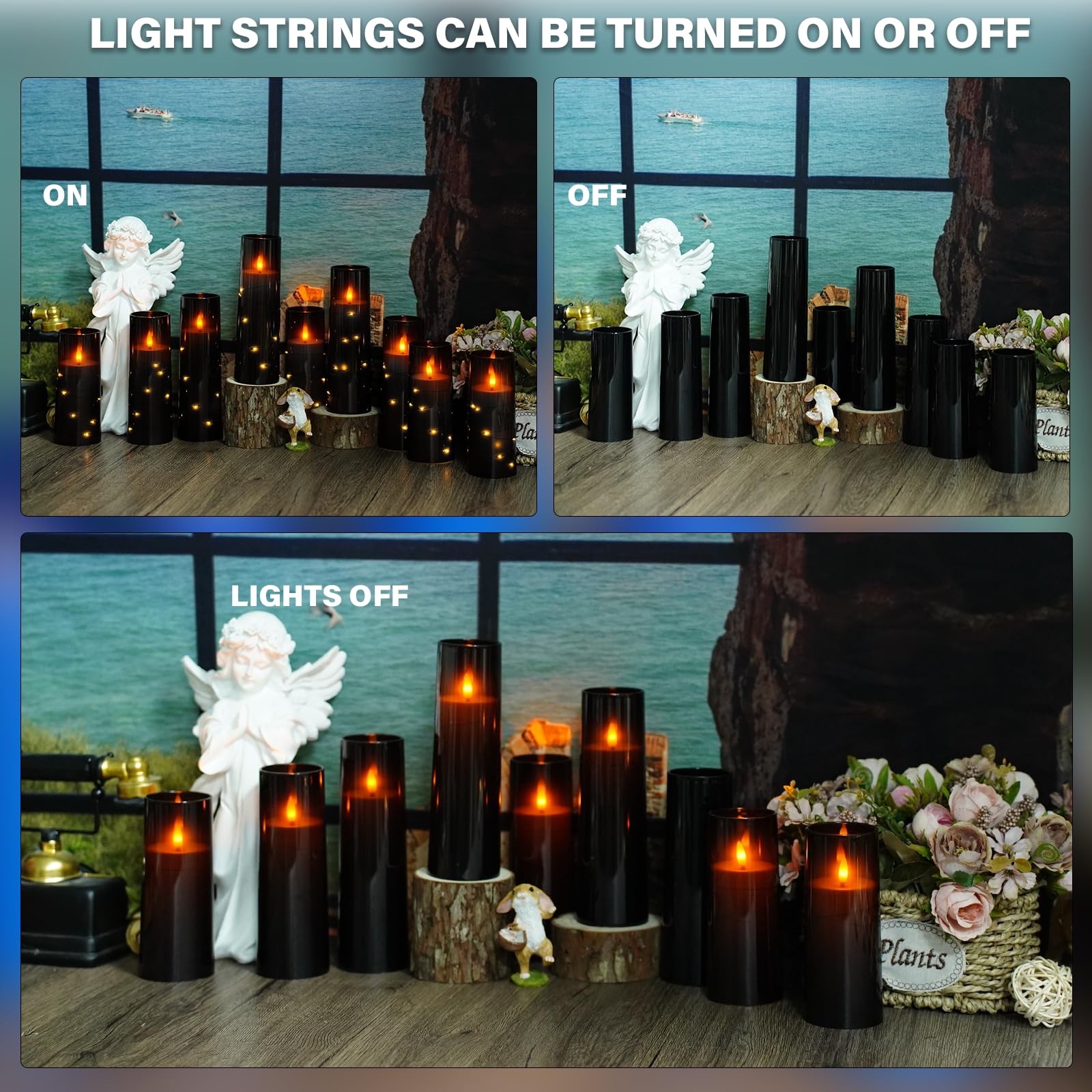 Flickering Flameless LED Candles, 9 Pcs with Embedded Star String, Acrylic LED Pillar Candles with Remote, Suitable for Home Decoration (Grey)