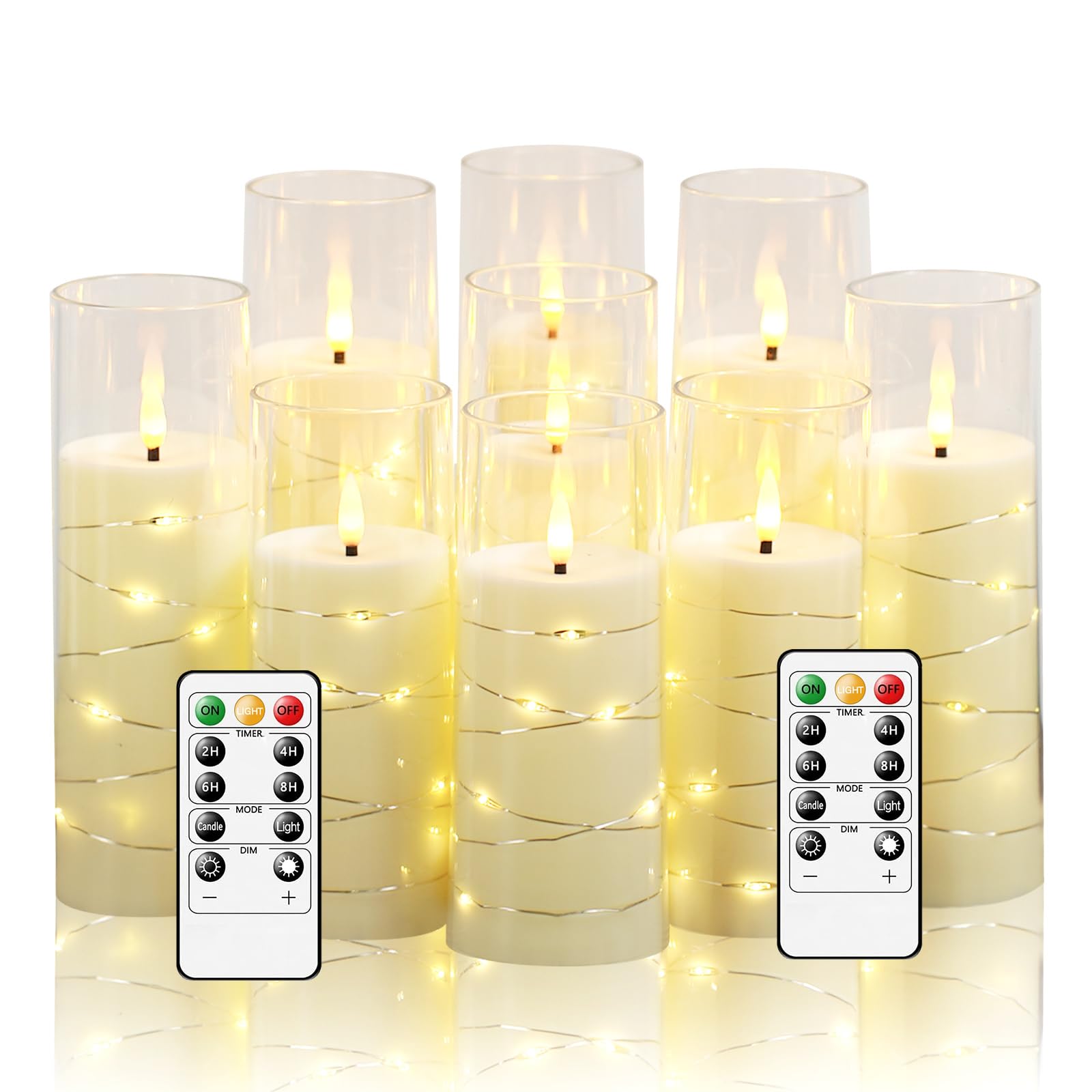 Flickering Flameless LED Candles, 9 Pcs with Embedded Star String, Acrylic LED Pillar Candles with Remote, Suitable for Home Decoration (Grey)