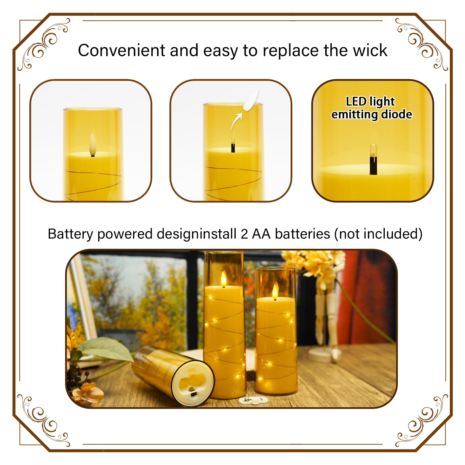 Flickering Flameless LED Candles, 9 Pcs with Embedded Star String, Acrylic LED Pillar Candles with Remote, Suitable for Home Decoration (Grey)