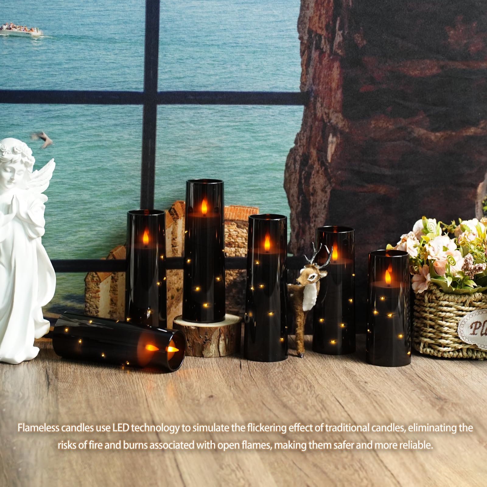 Flickering Flameless LED Candles, 9 Pcs with Embedded Star String, Acrylic LED Pillar Candles with Remote, Suitable for Home Decoration (Grey)