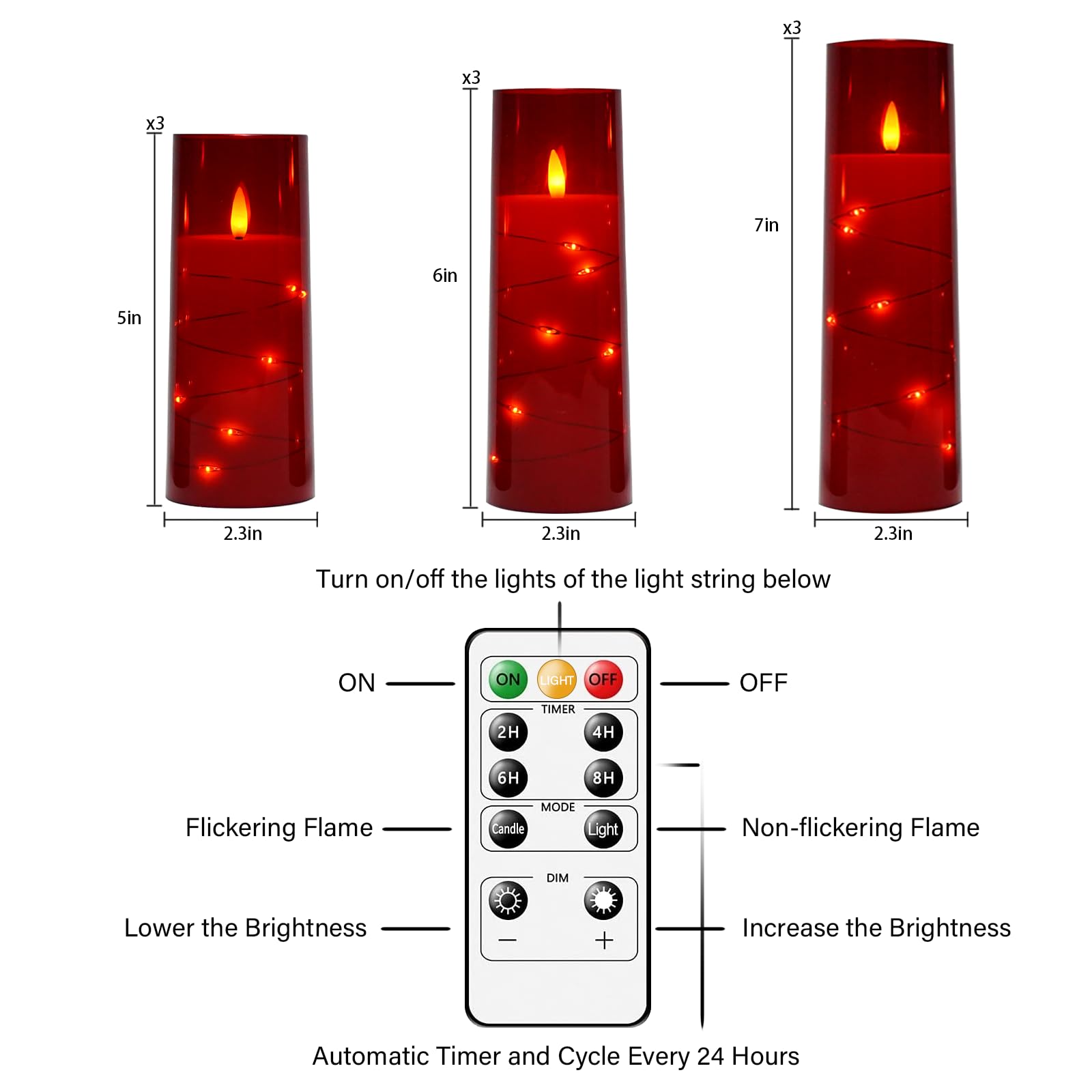 Flickering Flameless LED Candles, 9 Pcs with Embedded Star String, Acrylic LED Pillar Candles with Remote, Suitable for Home Decoration (Grey)