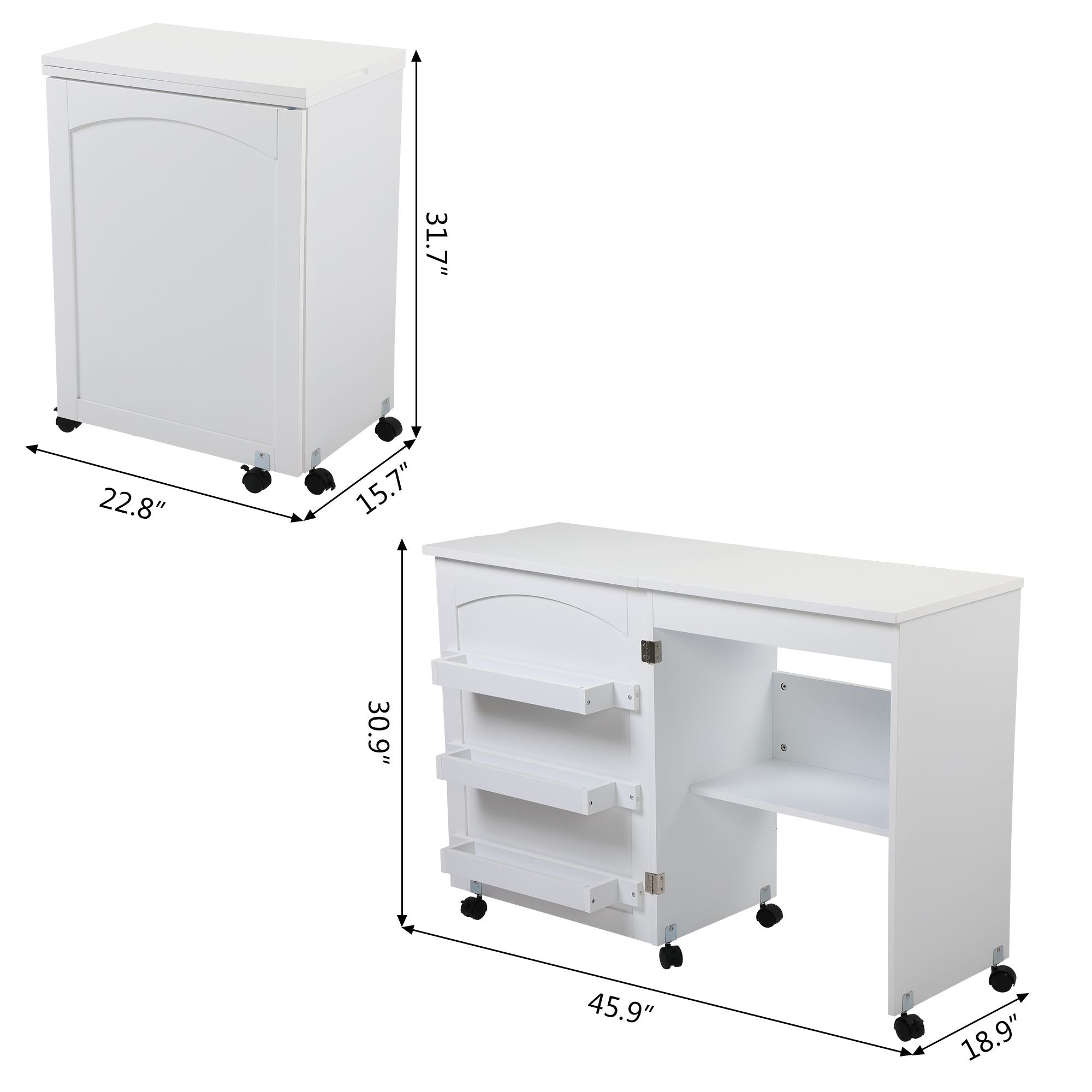 Folding Sewing Craft Cart&Sewing Cabinet Miscellaneous Sewing Kit Art Desk with Storage Shelves and Lockable Casters-White